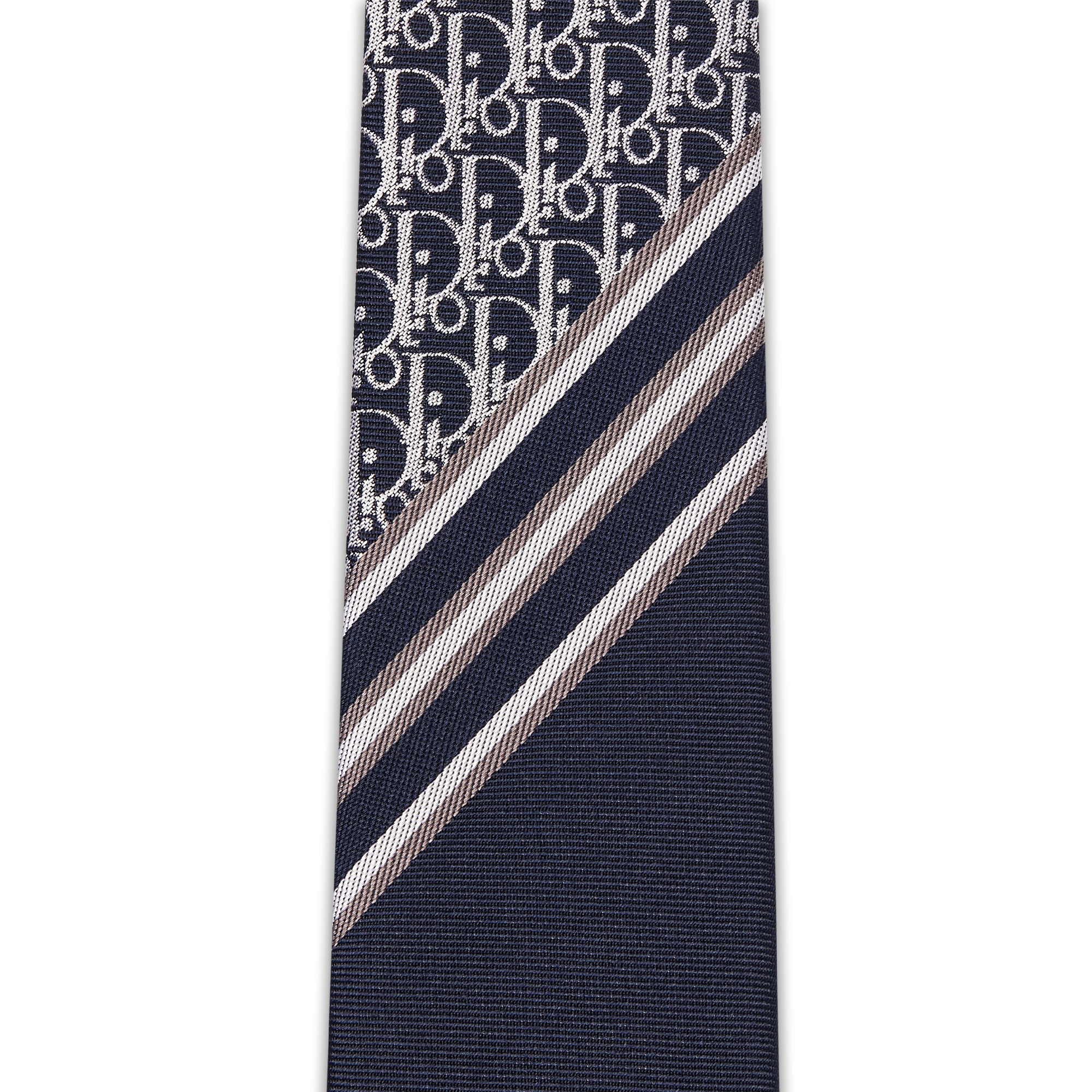 Dior 印花领带 海军蓝色、白色和灰色桑蚕丝条纹和 Oblique 印花 E10