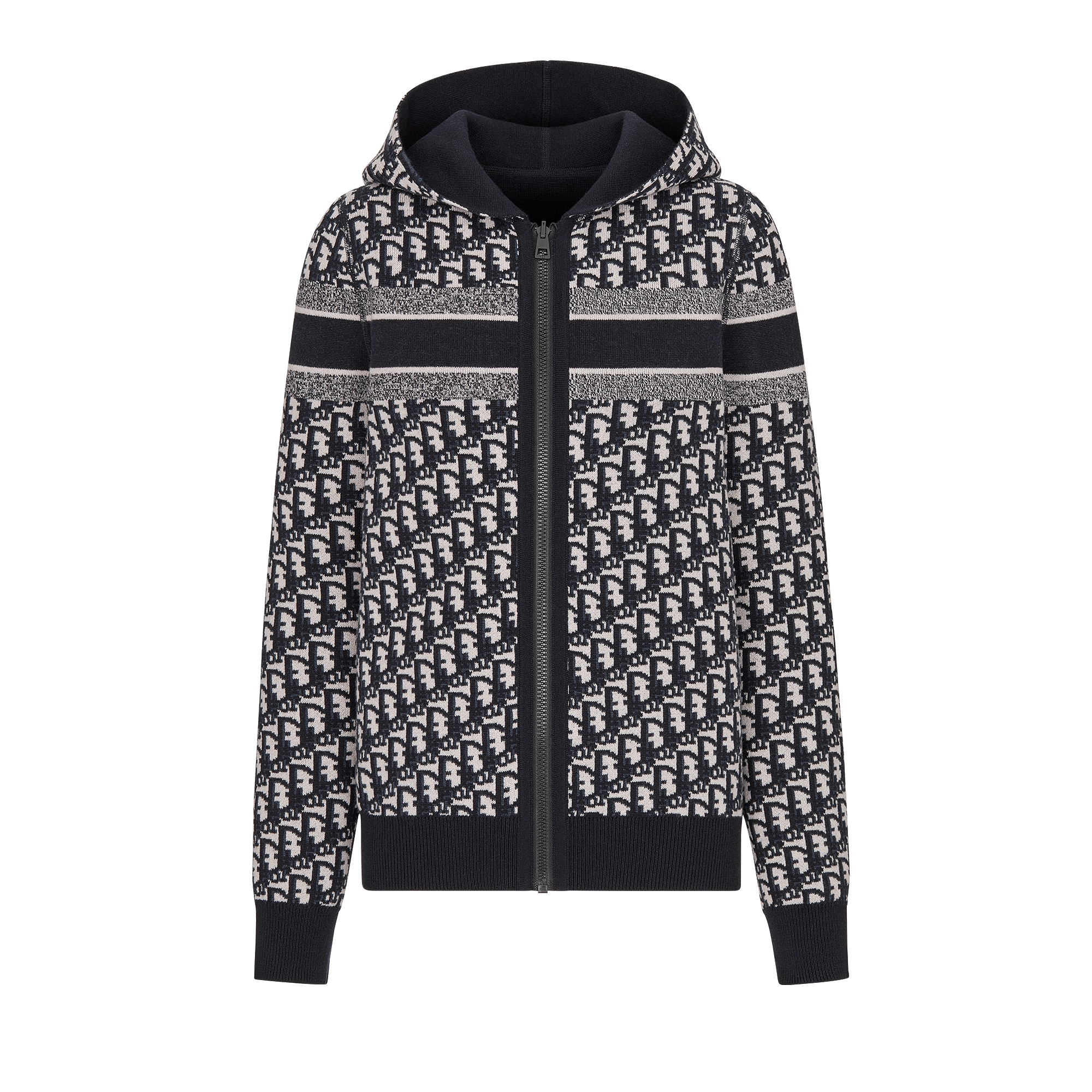 双面连帽拉链开衫 蓝色山羊绒混纺针织面料 Oblique 印花 E10