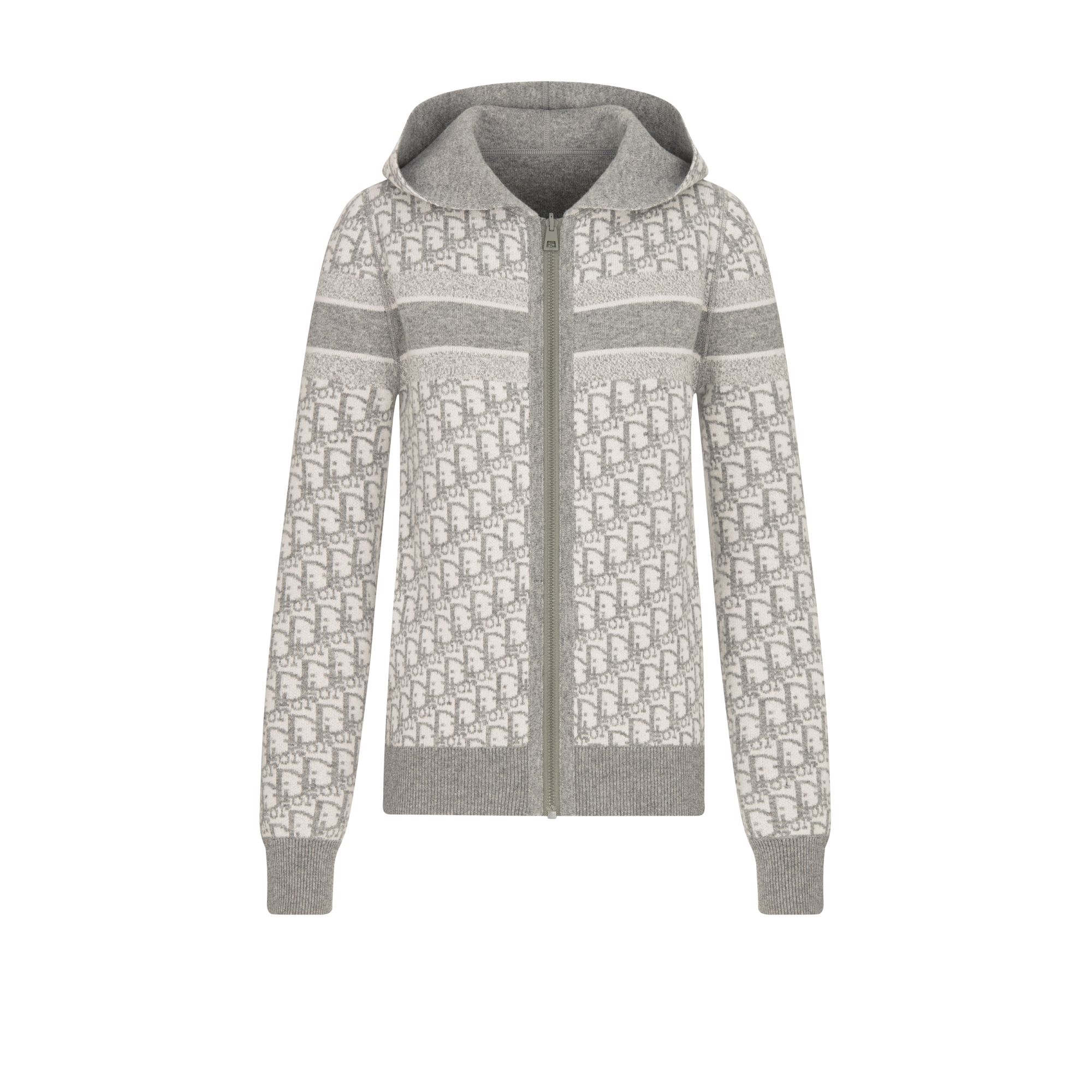 双面连帽拉链开衫 灰色山羊绒混纺针织面料 Oblique 印花 E10