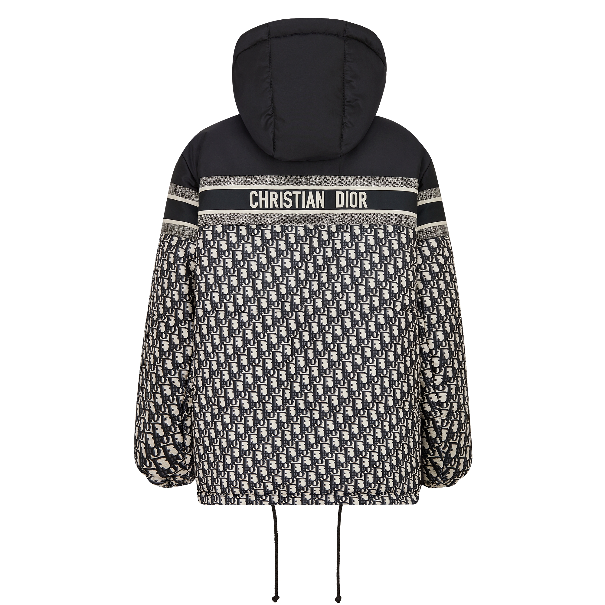 双面长款夹克 蓝色和米白色绗缝塔夫绸科技面料 Oblique 印花 E08