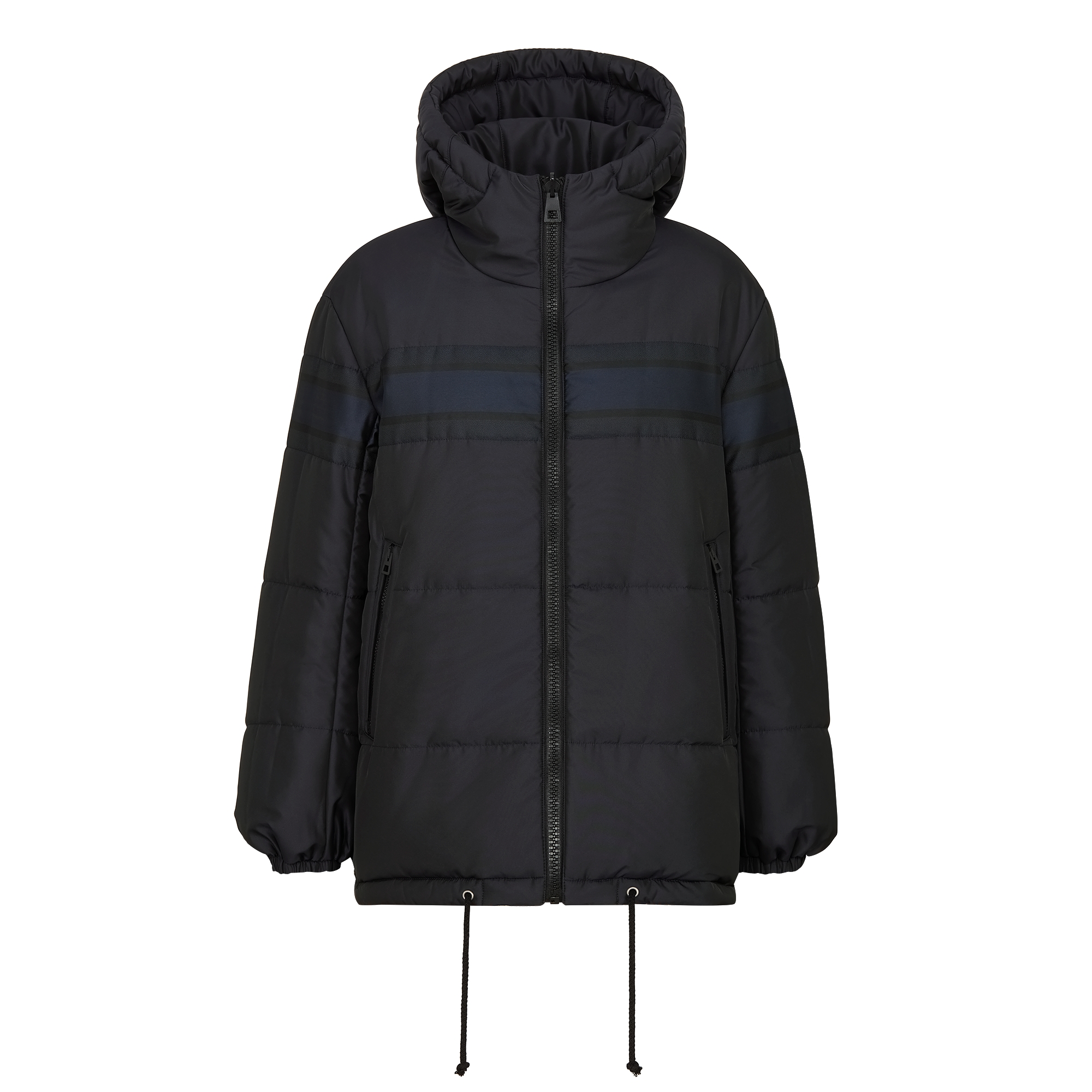 双面长款夹克 蓝色和米白色绗缝塔夫绸科技面料 Oblique 印花 E10