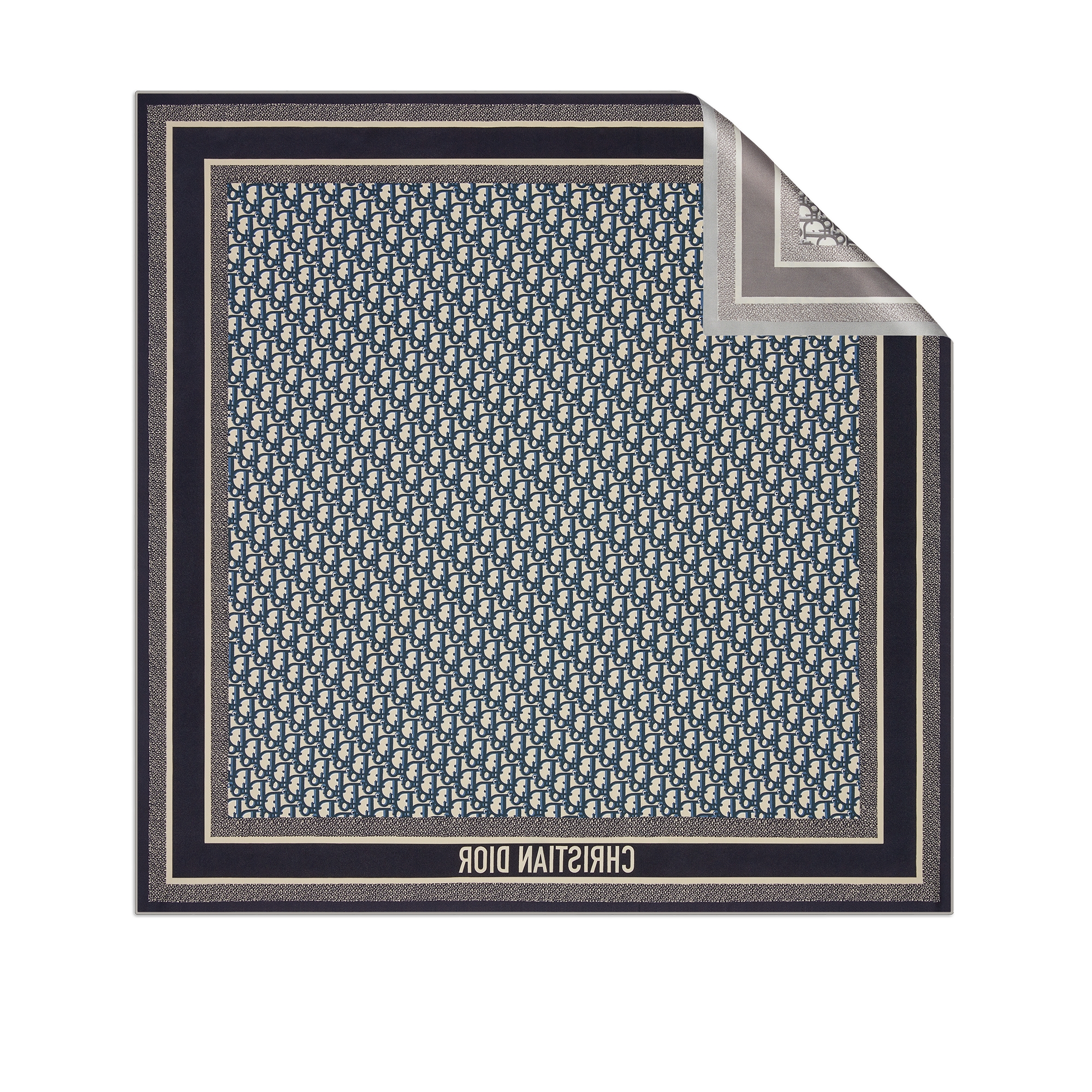 Diortwin 方巾 90 厘米灰色和海军蓝色桑蚕丝斜纹面料 Oblique 印花 E08