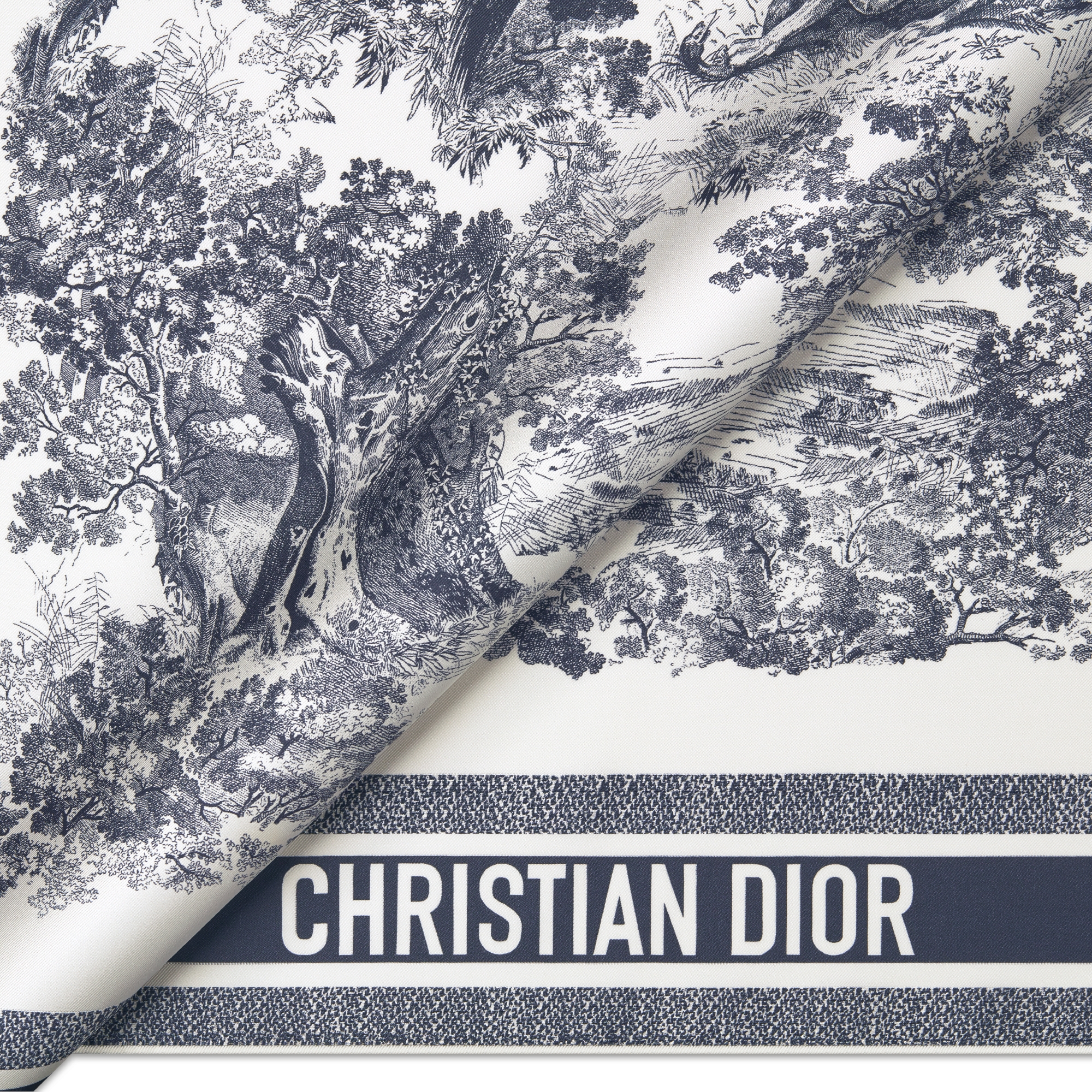 Dior 印花方巾 90 厘米象牙色和海军蓝色桑蚕丝斜纹面料 Sauvage 茹伊印花 E09