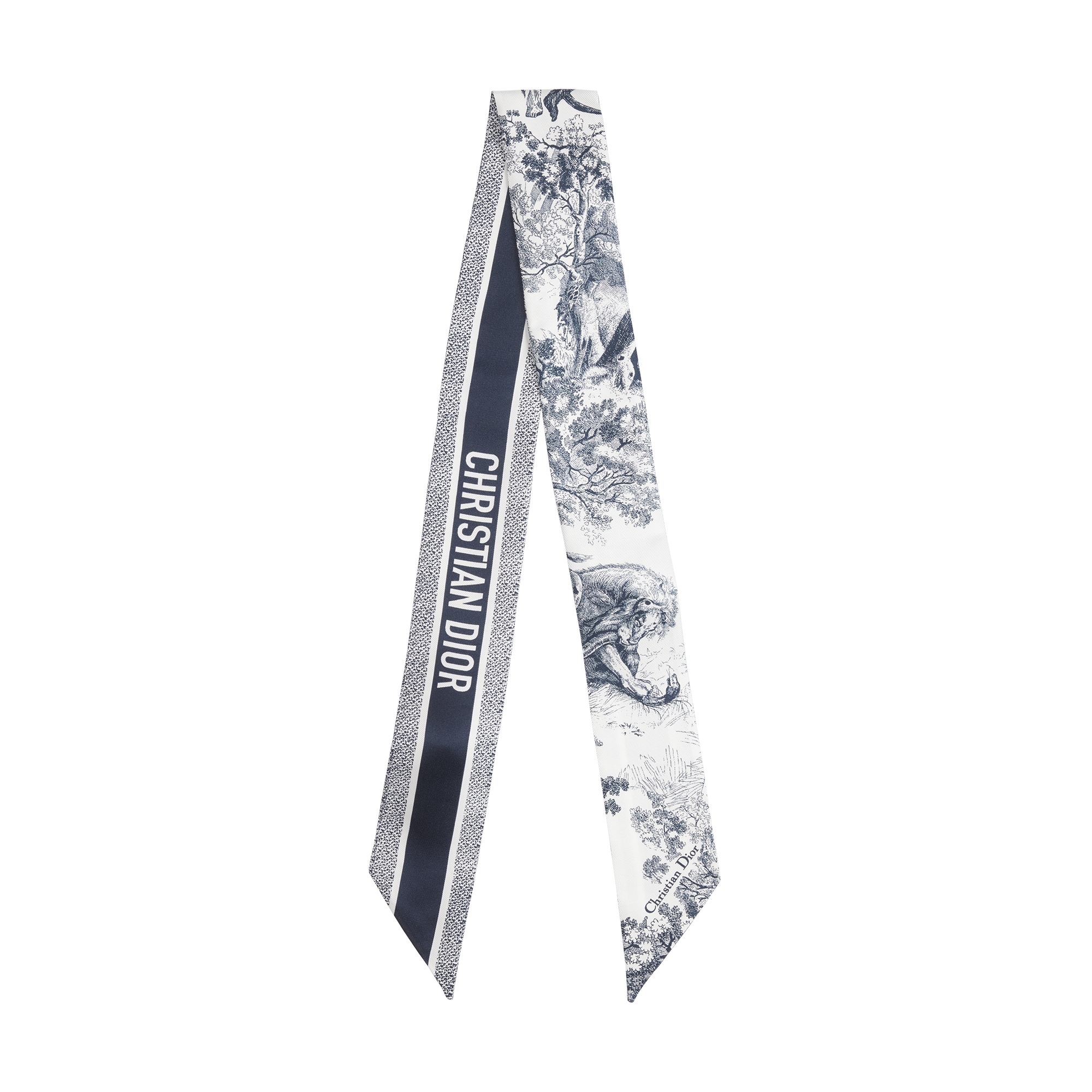  象牙色和海军蓝色桑蚕丝斜纹面料 Sauvage 茹伊印花