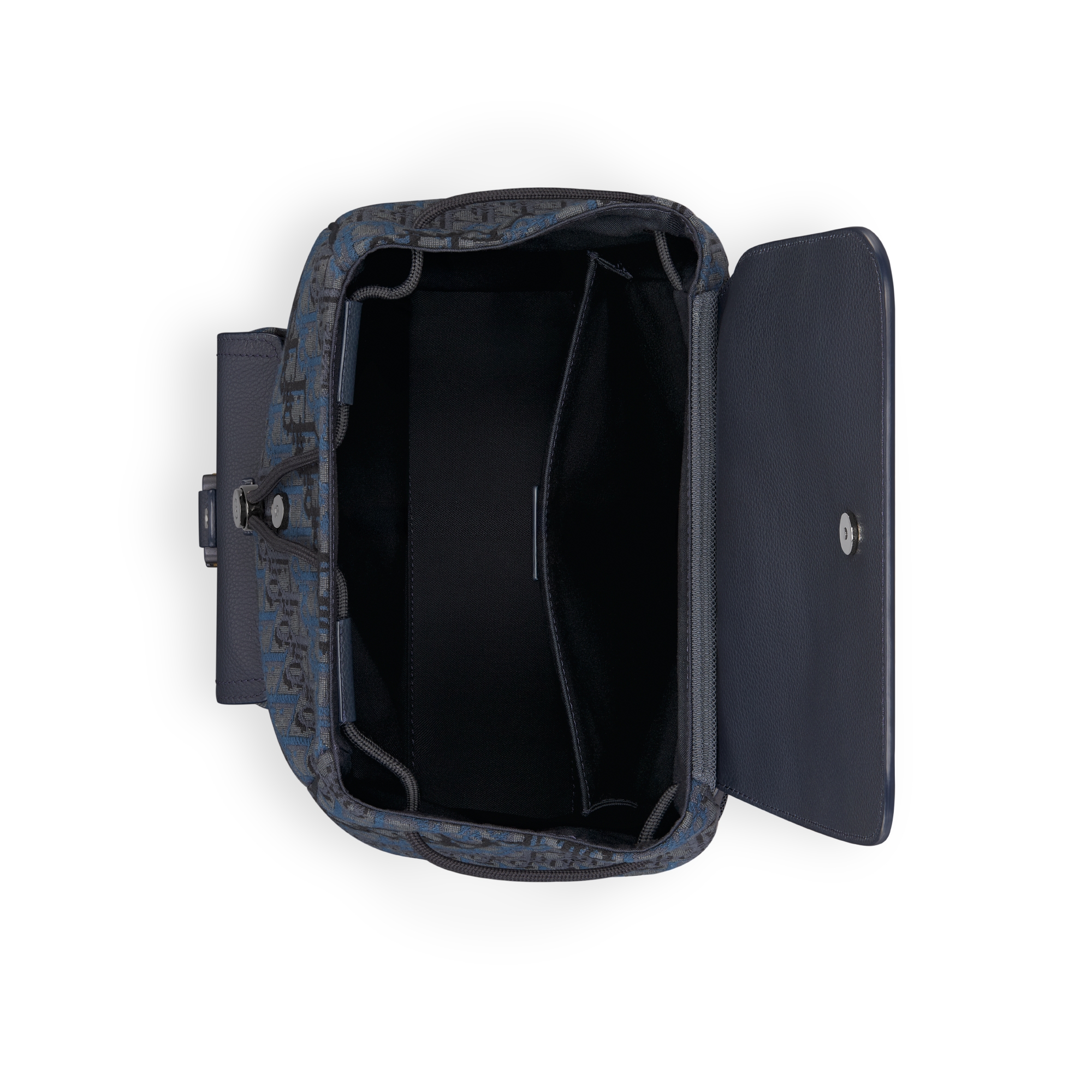 马鞍翻盖双肩背包 深蓝色 Oblique Trio 印花面料和深蓝色粒面牛皮革 E06