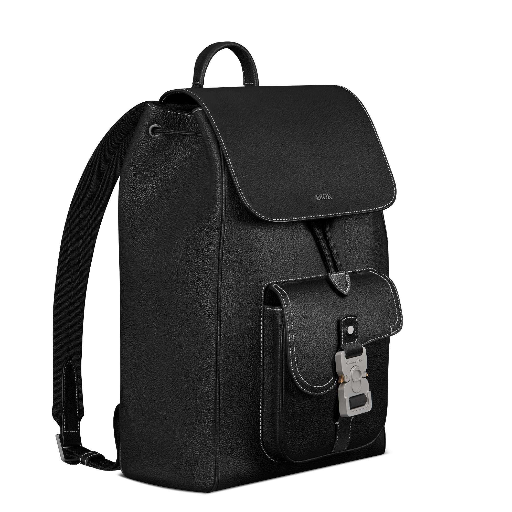 马鞍翻盖双肩背包 黑色粒面牛皮革搭配对比鲜明的缉面线 E03