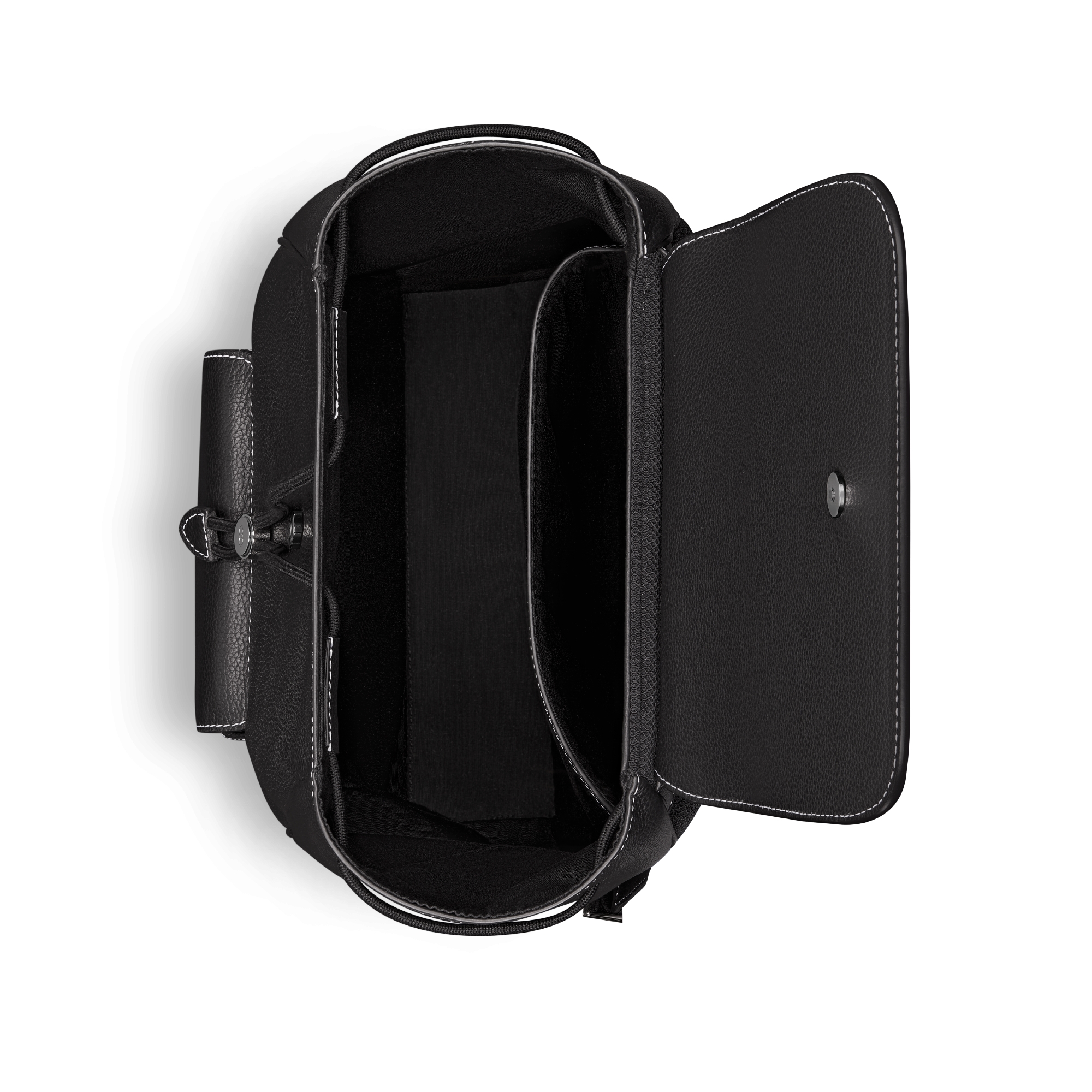 马鞍翻盖双肩背包 黑色粒面牛皮革搭配对比鲜明的缉面线 E06