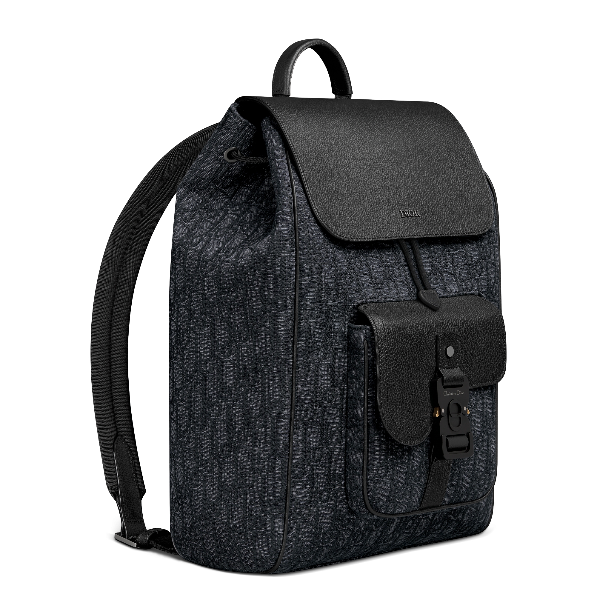 马鞍翻盖双肩背包 黑色 Oblique 印花面料和黑色粒面牛皮革 E03