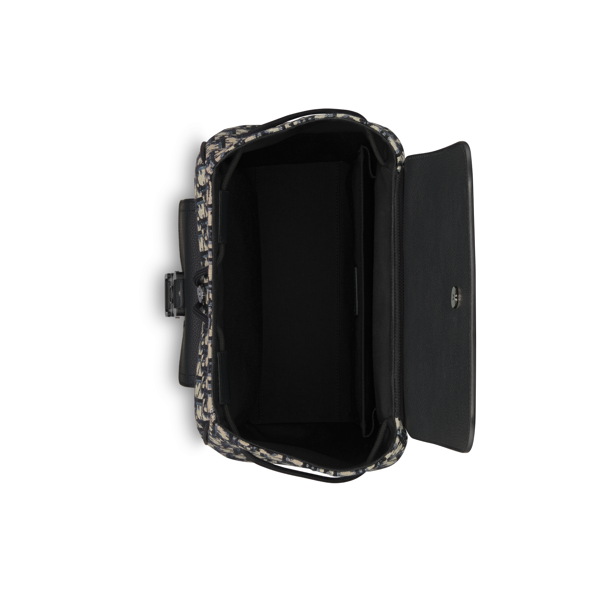 马鞍翻盖双肩背包 米色和黑色 Oblique 印花面料和黑色粒面牛皮革 E06