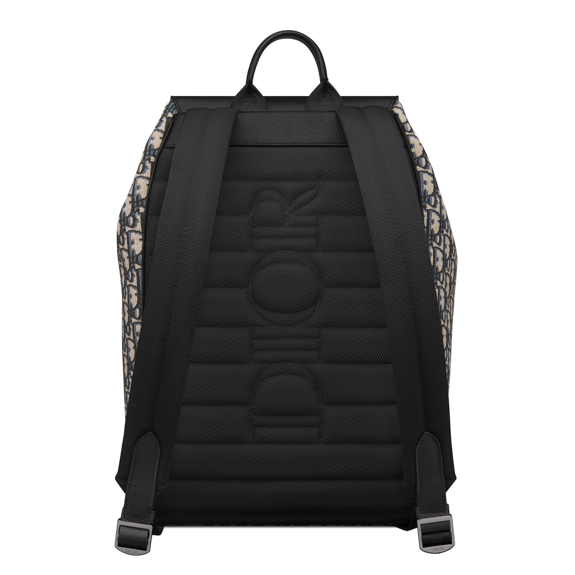 马鞍翻盖双肩背包 米色和黑色 Oblique 印花面料和黑色粒面牛皮革 E08