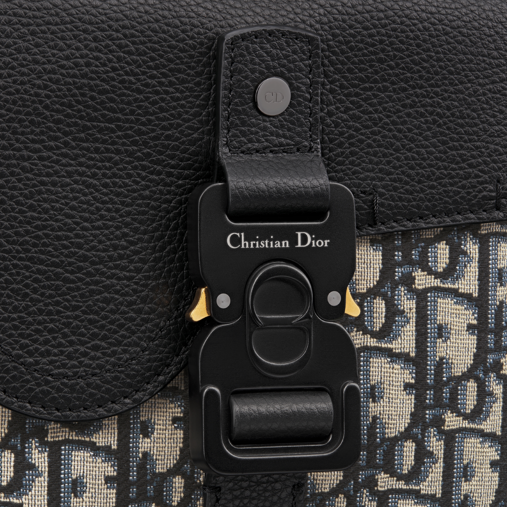 马鞍翻盖双肩背包 米色和黑色 Oblique 印花面料和黑色粒面牛皮革 E09