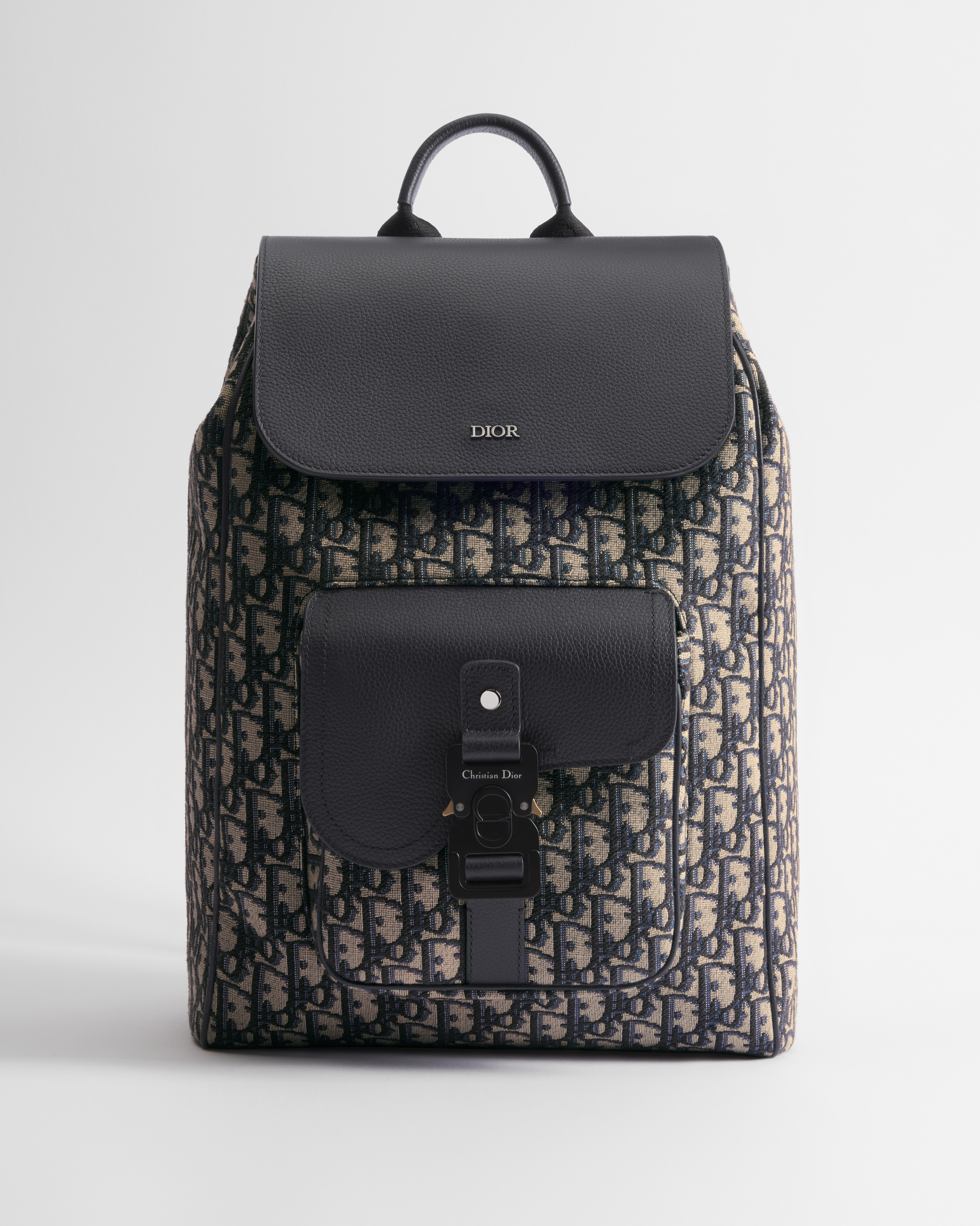 马鞍翻盖双肩背包 米色和黑色 Oblique 印花面料和黑色粒面牛皮革 E01