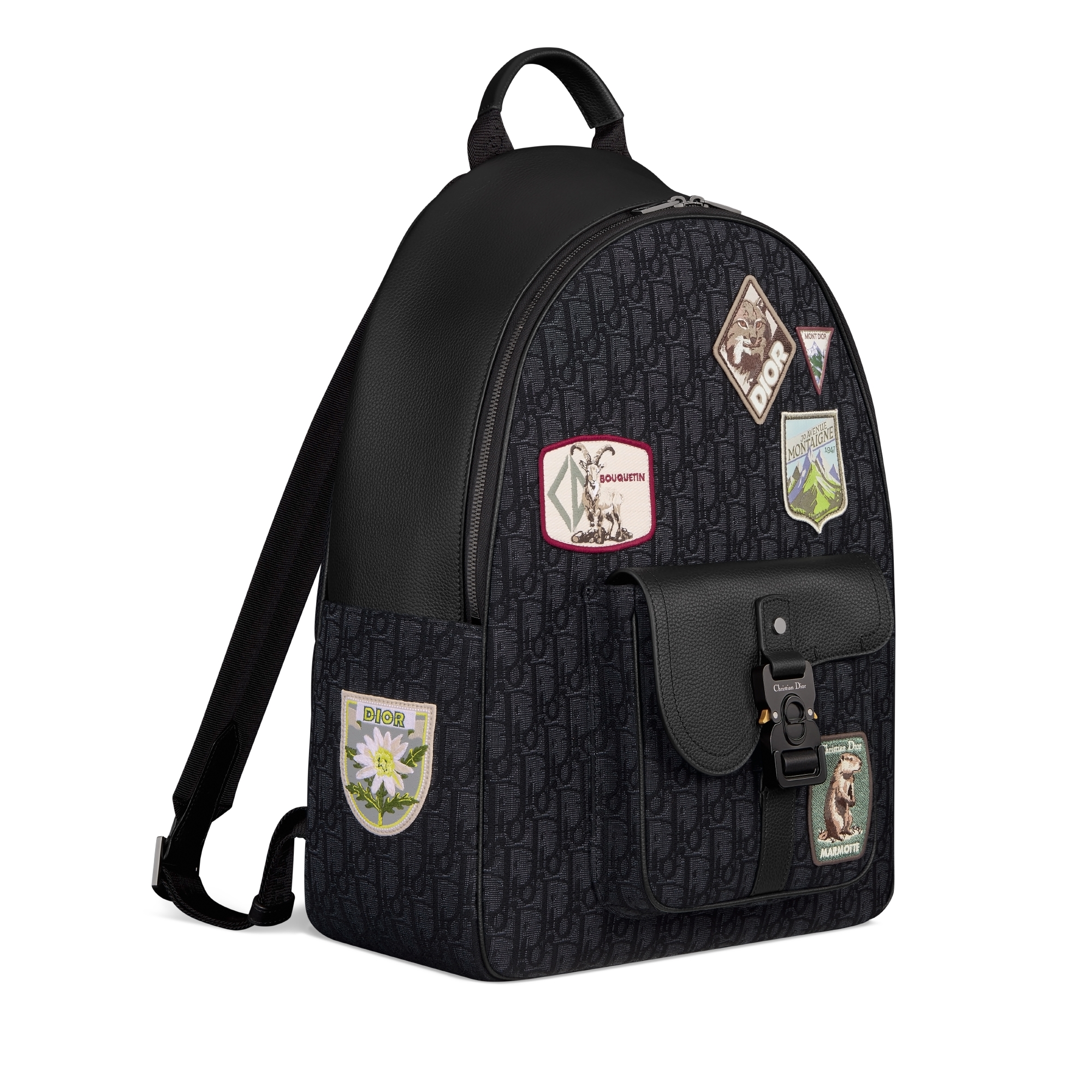 马鞍拉链双肩背包 黑色 Oblique 印花面料、黑色粒面牛皮革和多色 Dior Mountain 图案补丁 E03