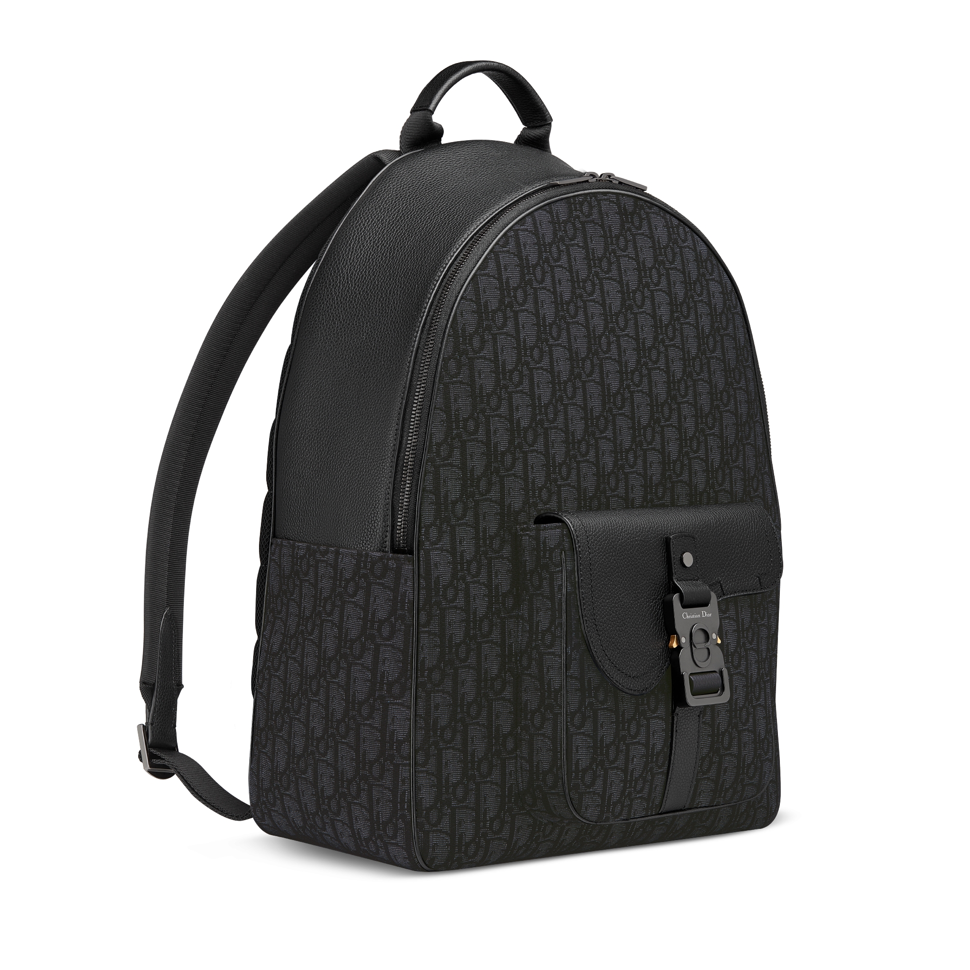 马鞍拉链双肩背包 黑色 Oblique 印花面料和黑色粒面牛皮革 E03