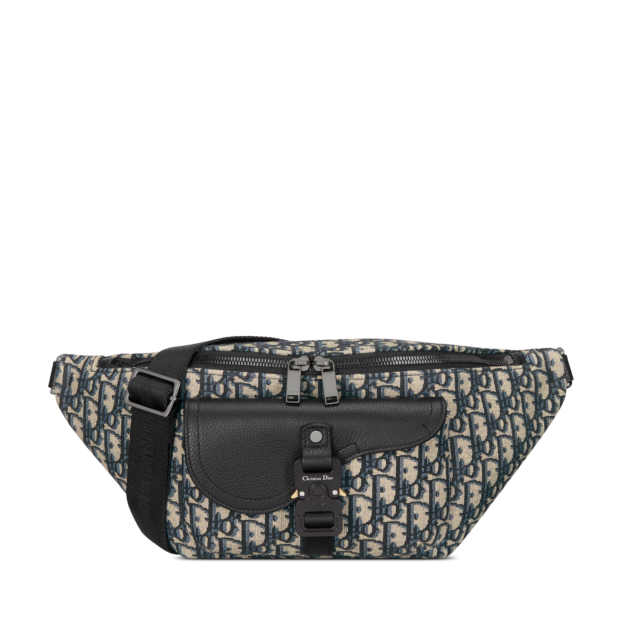 马鞍腰包 米色和黑色 Oblique 印花面料搭配黑色粒面牛皮革 E01