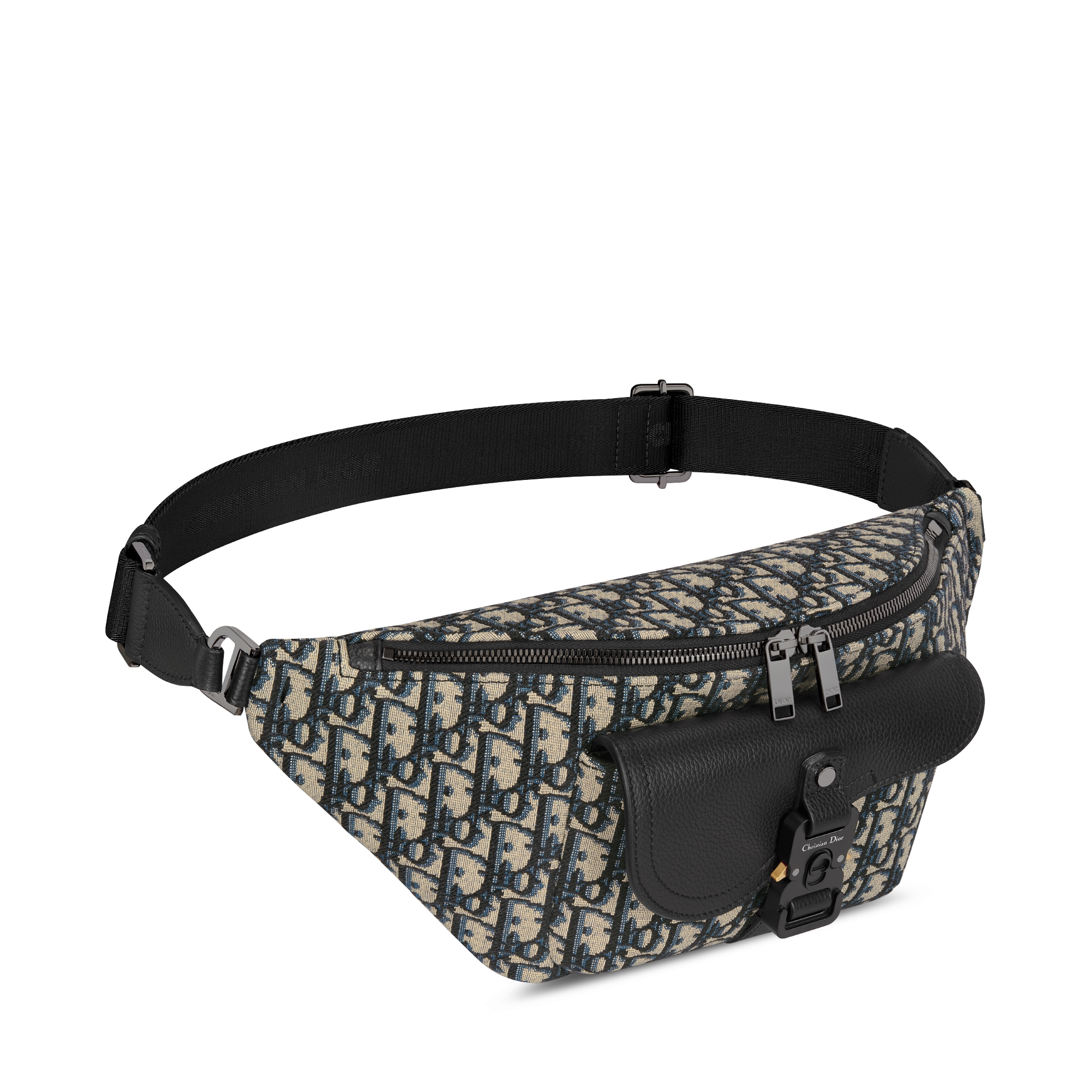 马鞍腰包 米色和黑色 Oblique 印花面料搭配黑色粒面牛皮革 E03