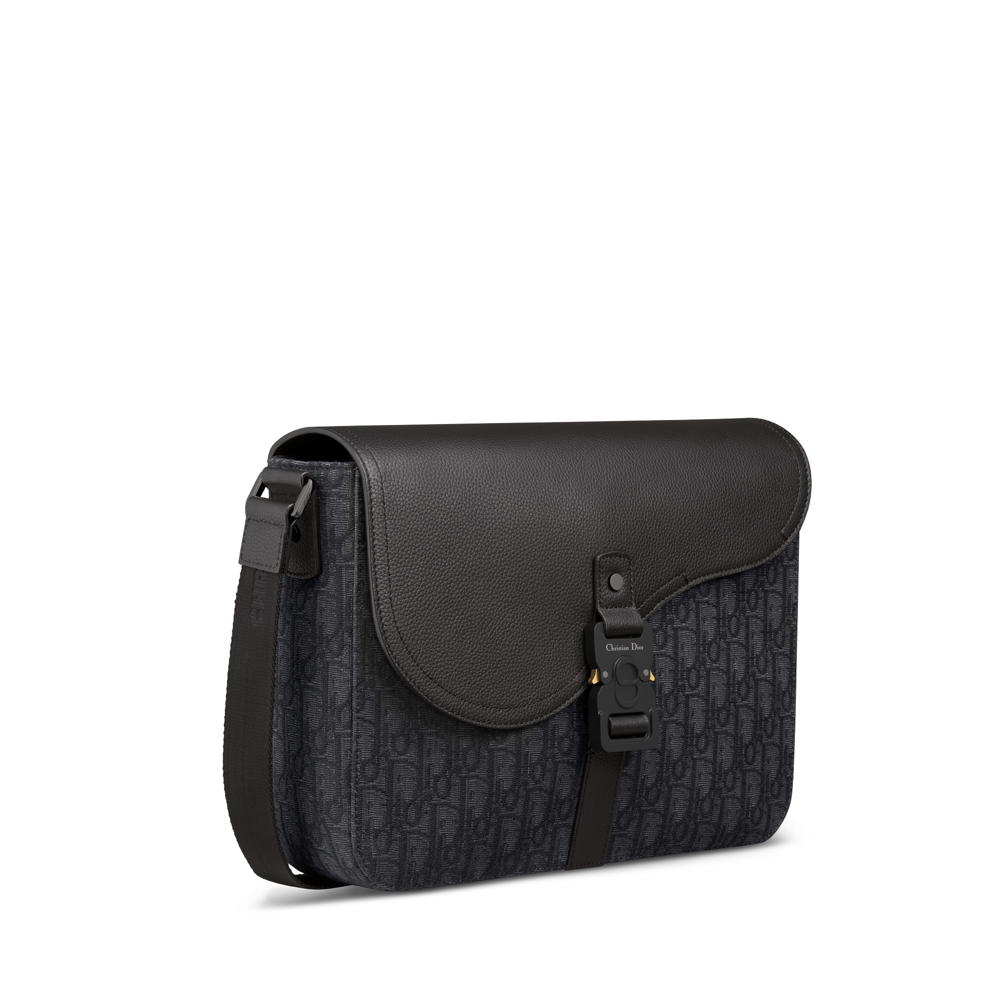 中号马鞍翻盖信使包 黑色 Oblique 印花面料和黑色粒面牛皮革 E03