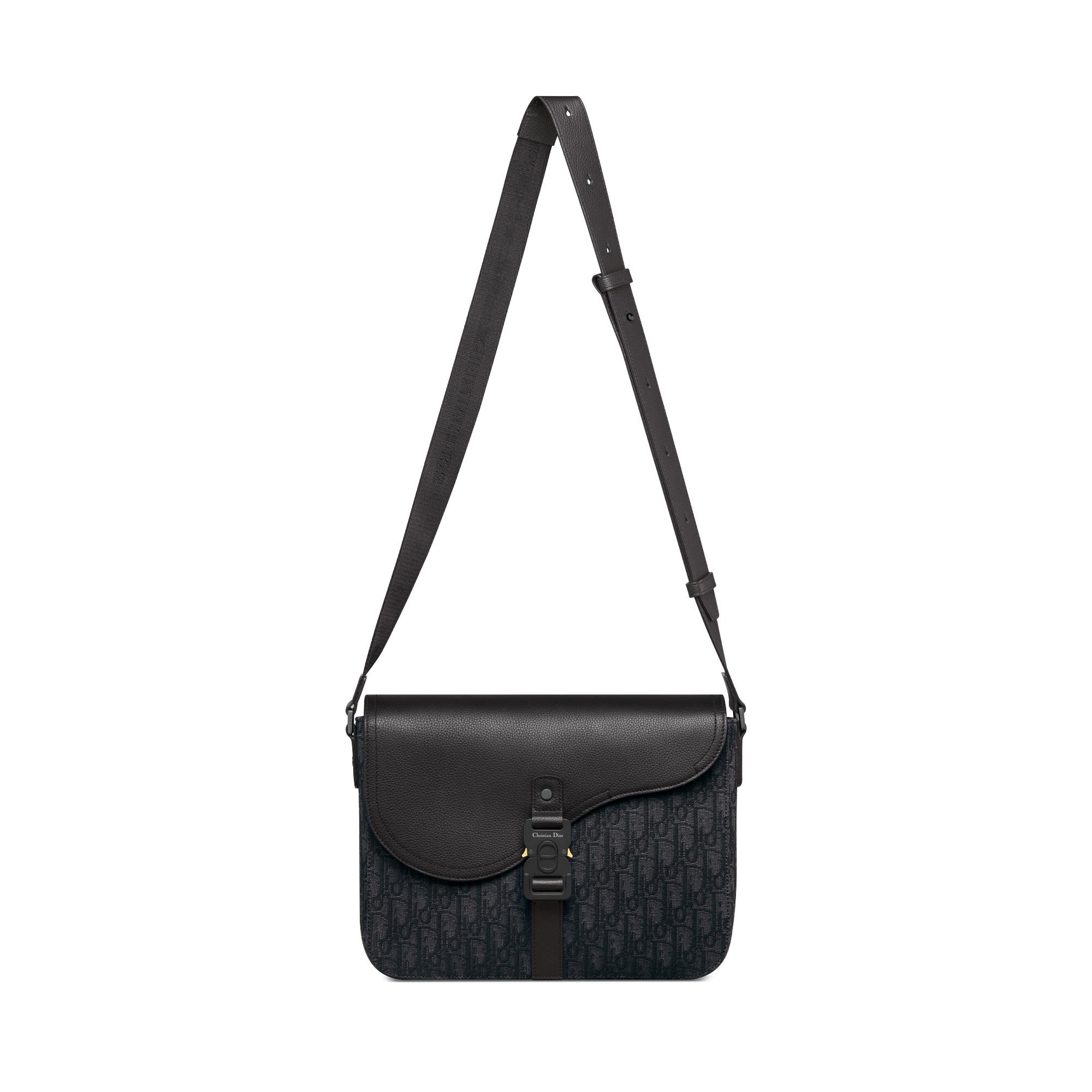 中号马鞍翻盖信使包 黑色 Oblique 印花面料和黑色粒面牛皮革 E07