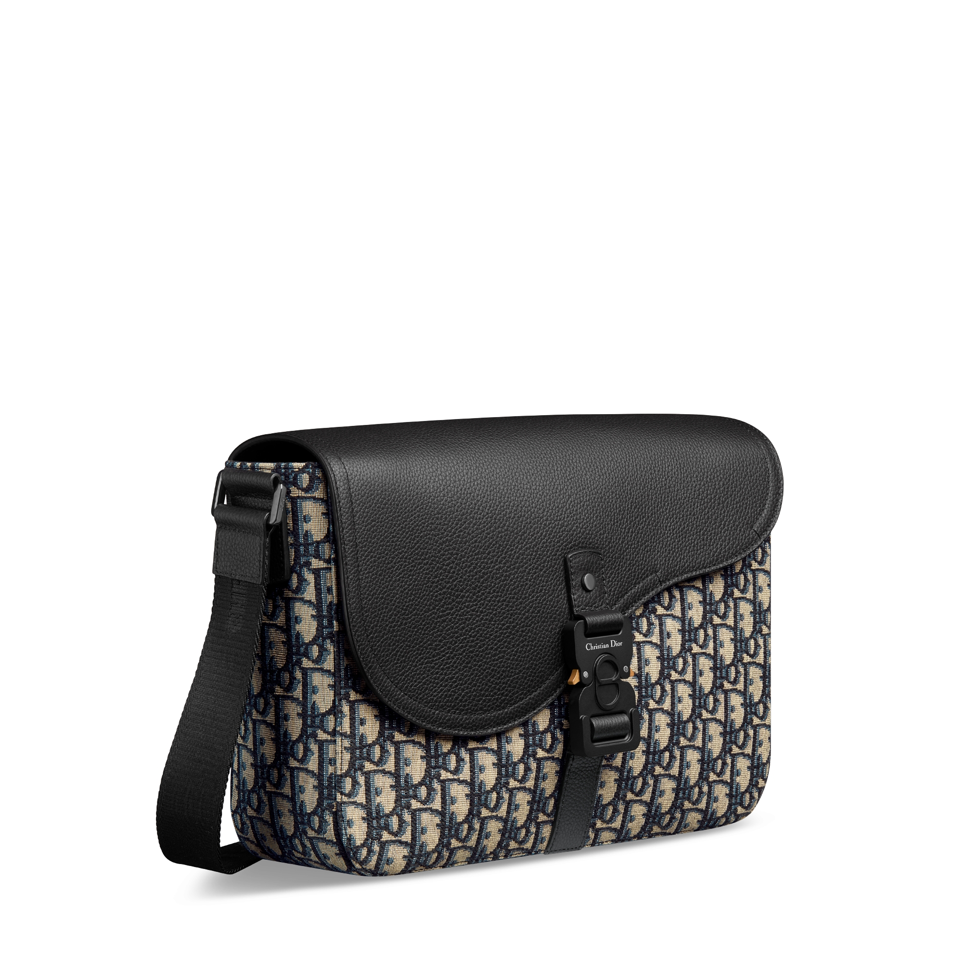 中号马鞍翻盖信使包 米色和黑色 Oblique 印花面料搭配黑色粒面牛皮革 E03