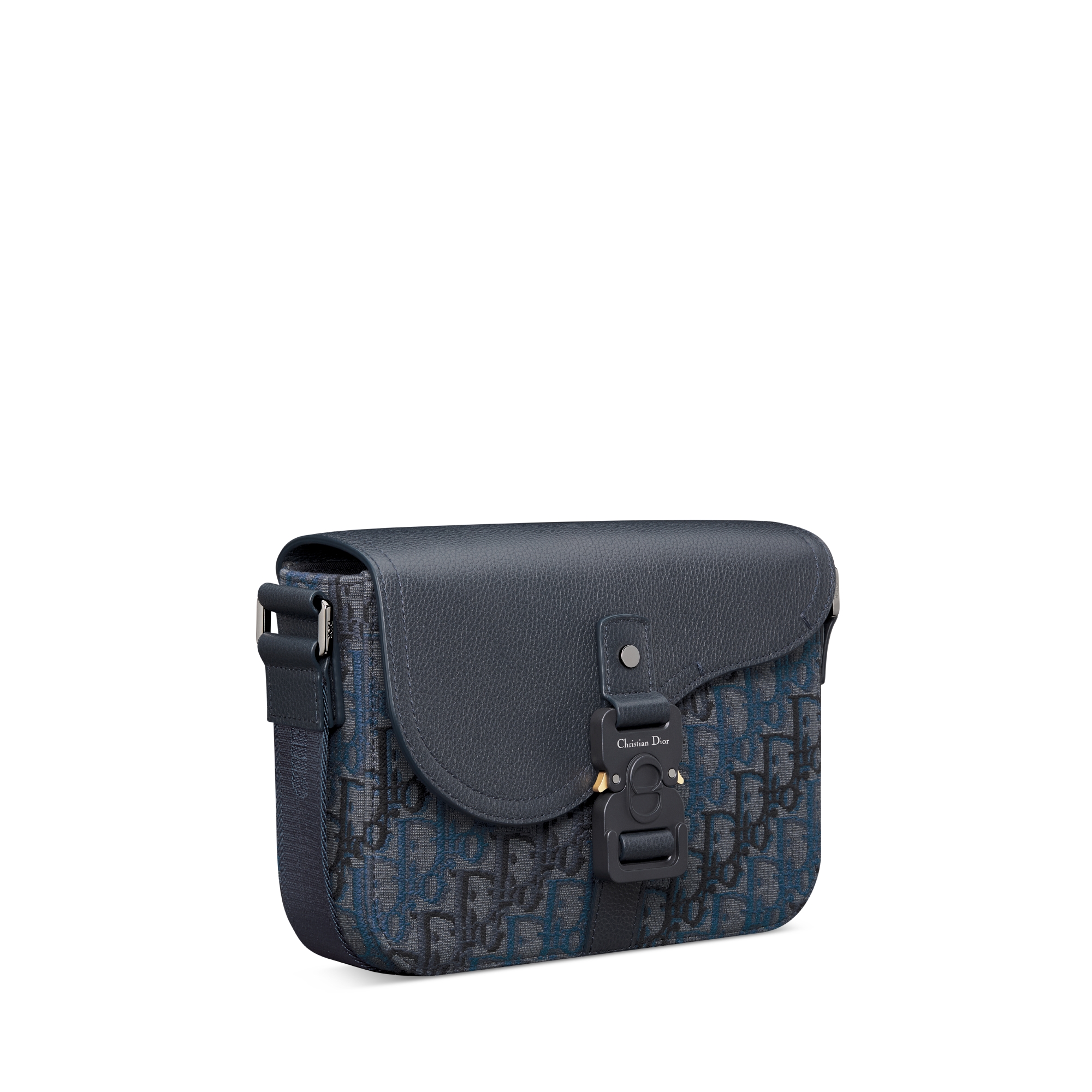 小号马鞍翻盖信使包 深蓝色 Oblique Trio 印花面料和深蓝色粒面牛皮革 E03