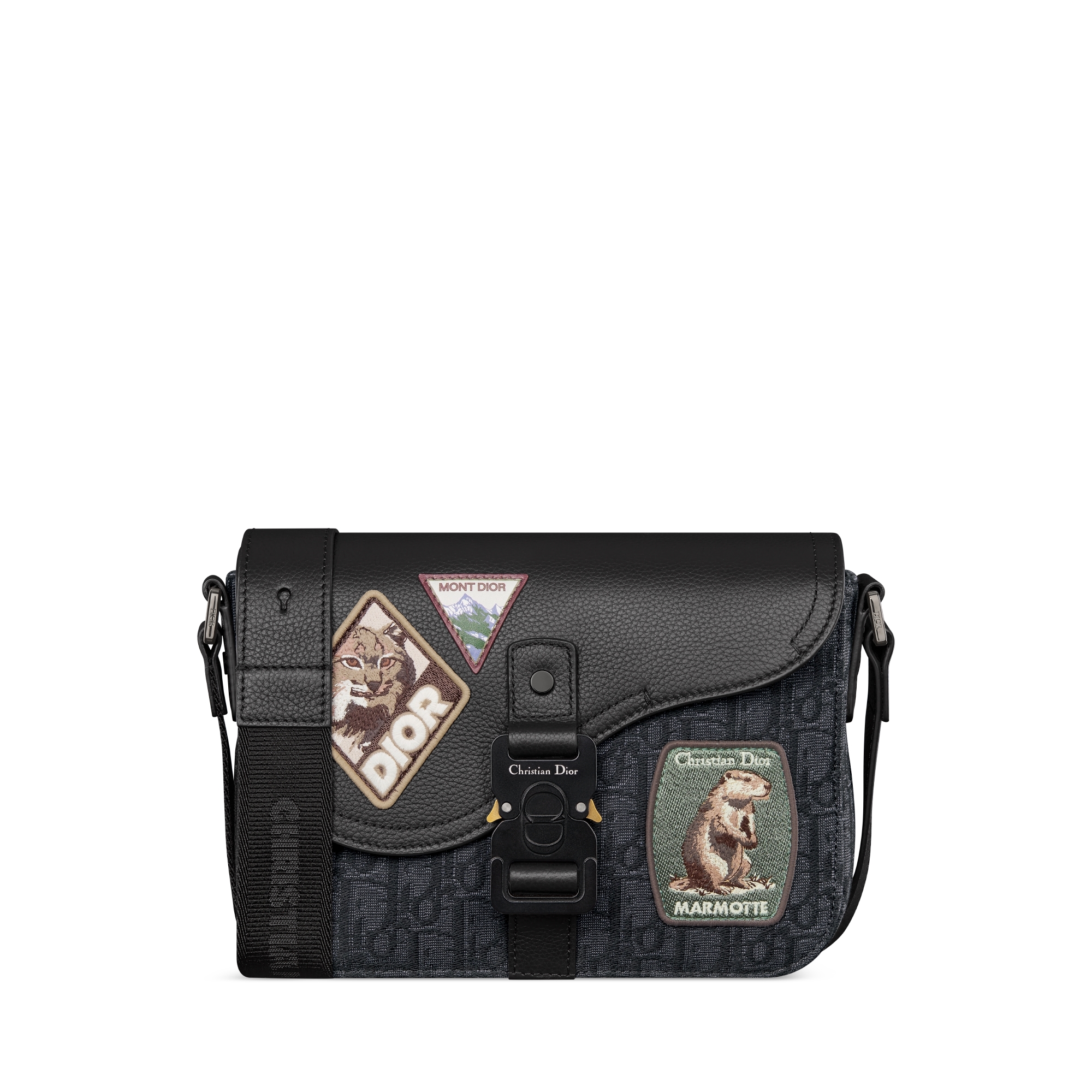 小号马鞍翻盖信使包 黑色 Oblique 印花面料、黑色粒面牛皮革和多色 Dior Mountain 图案补丁 E01