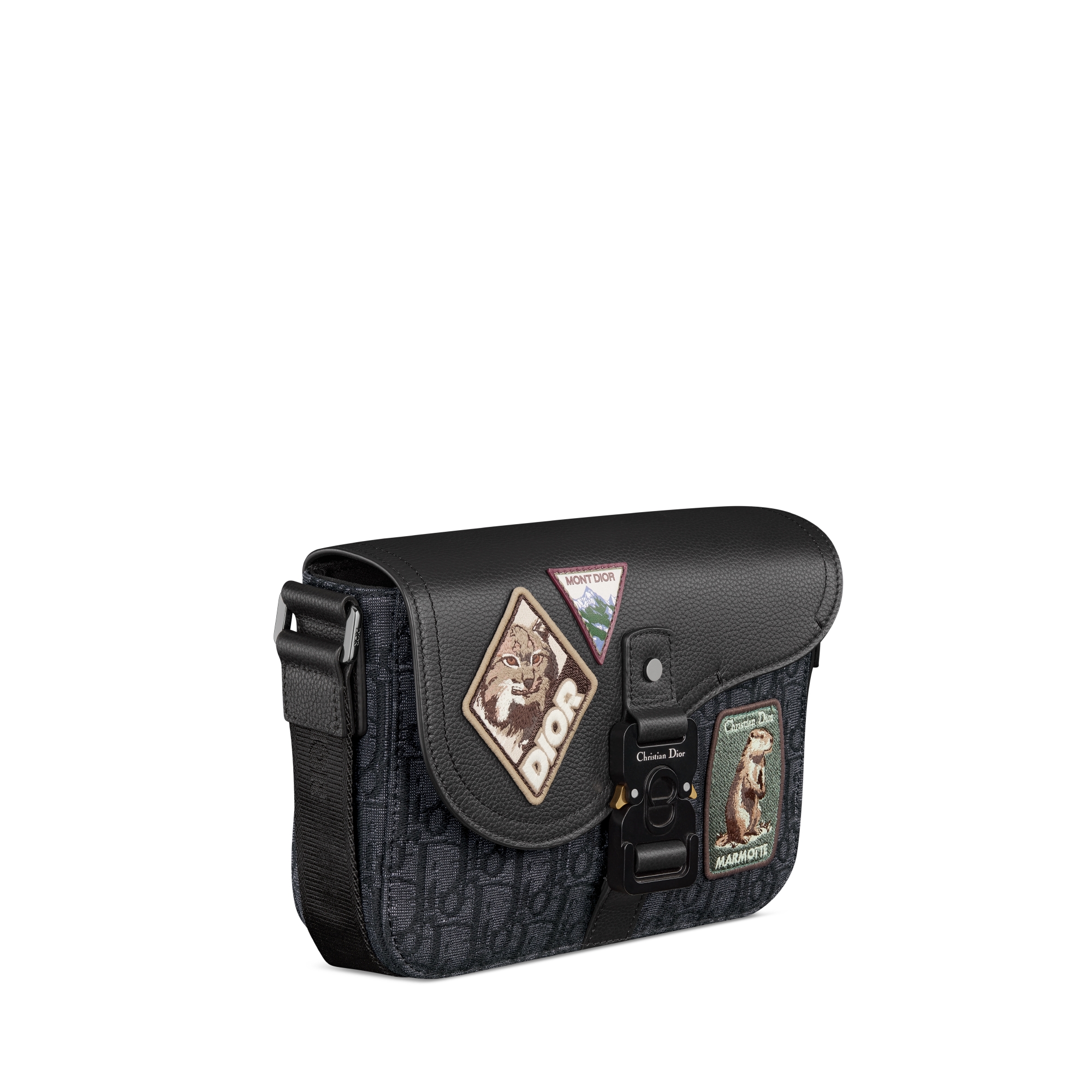 小号马鞍翻盖信使包 黑色 Oblique 印花面料、黑色粒面牛皮革和多色 Dior Mountain 图案补丁 E03