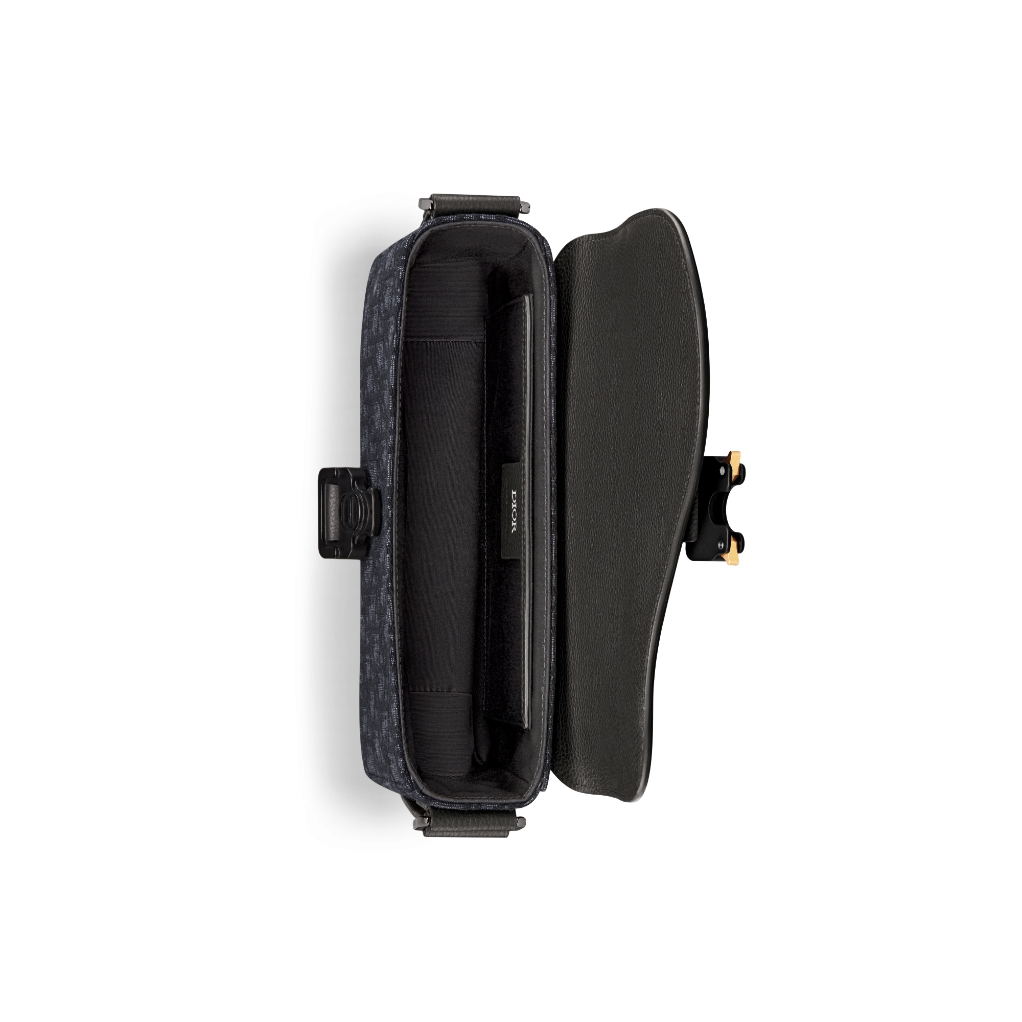 小号马鞍翻盖信使包 黑色 Oblique 印花面料和黑色粒面牛皮革 E06