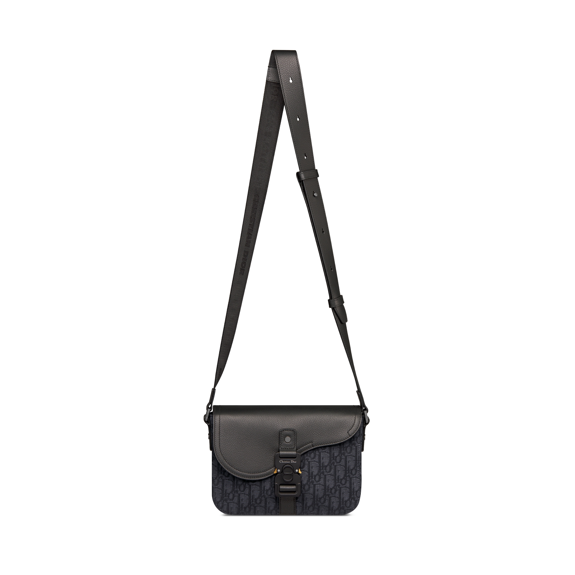 小号马鞍翻盖信使包 黑色 Oblique 印花面料和黑色粒面牛皮革 E07