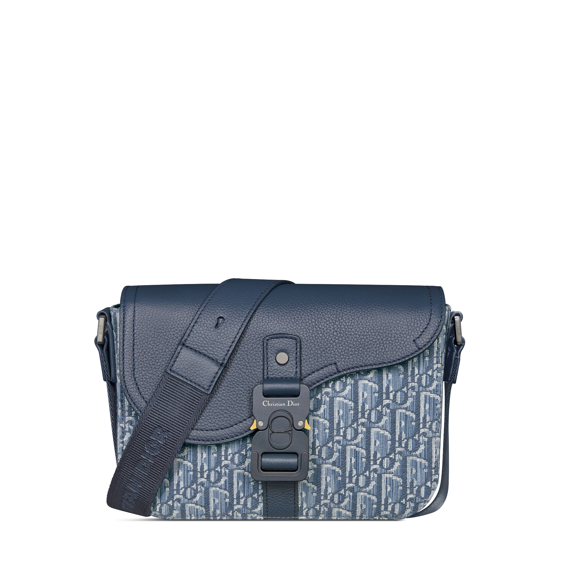 小号马鞍翻盖信使包 蓝色 Oblique 印花面料和蓝色粒面牛皮革 E01