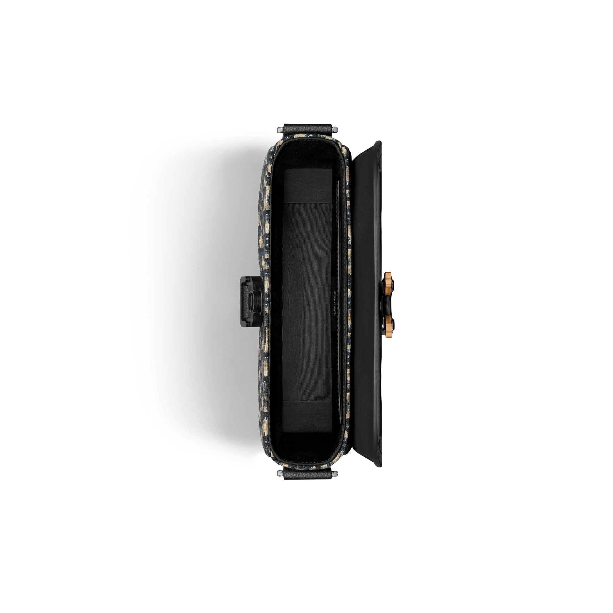 小号马鞍翻盖信使包 米色和黑色 Oblique 印花面料搭配黑色粒面牛皮革 E06