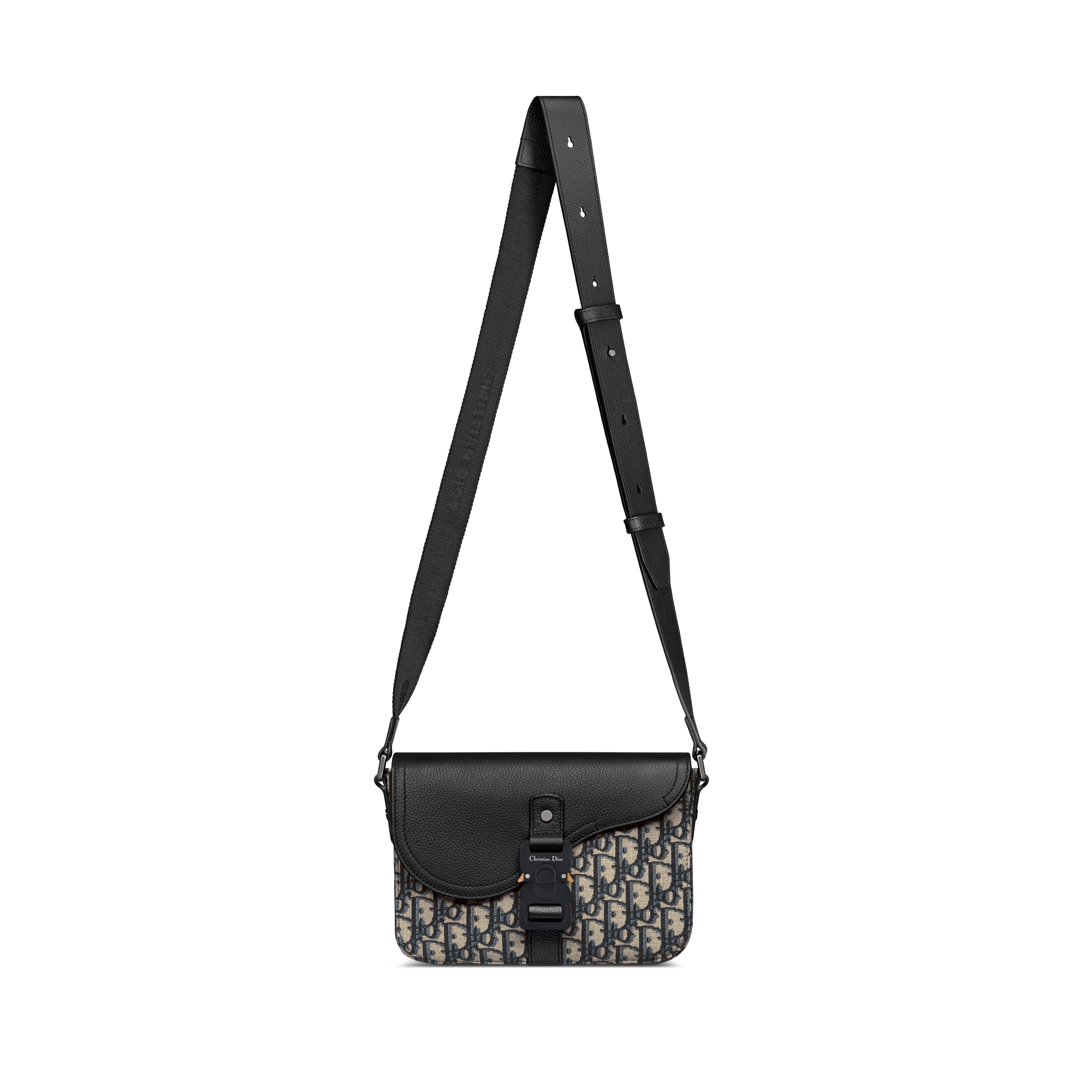 小号马鞍翻盖信使包 米色和黑色 Oblique 印花面料搭配黑色粒面牛皮革 E07