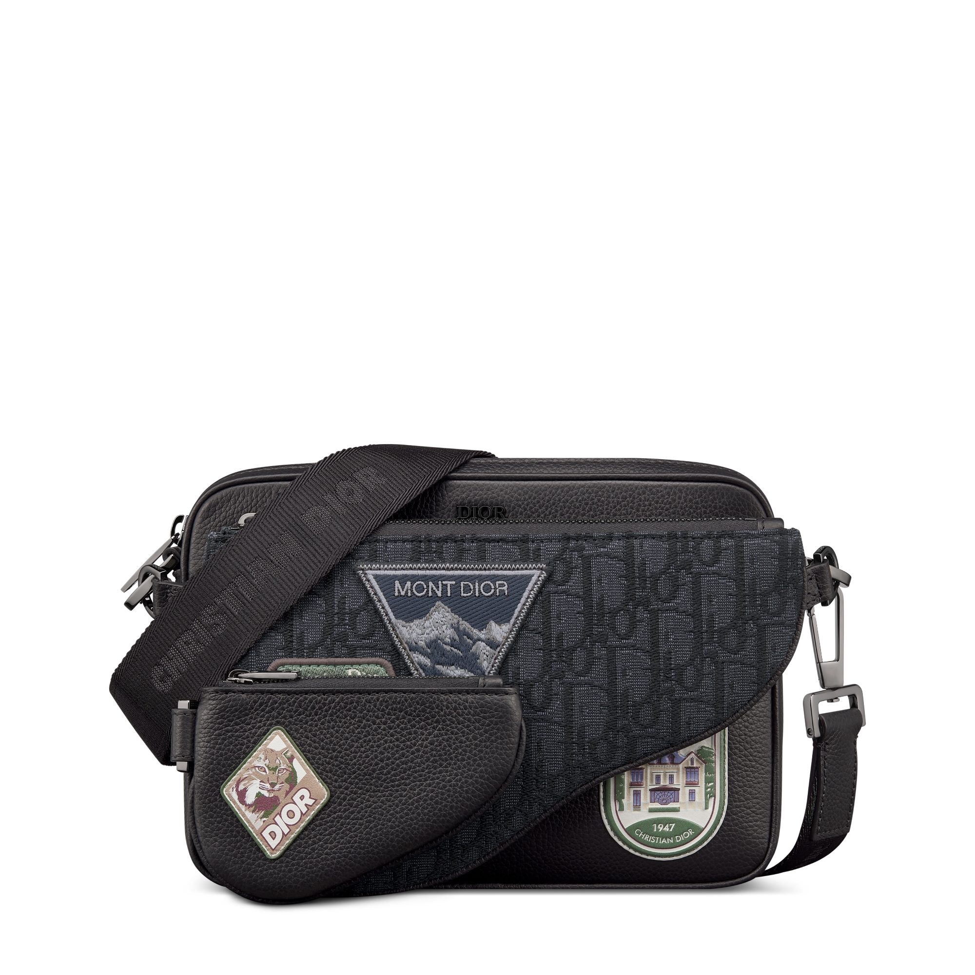 马鞍三件套手袋 黑色 Oblique 印花面料、黑色粒面牛皮革和多色 Dior Mountain 图案补丁 E01