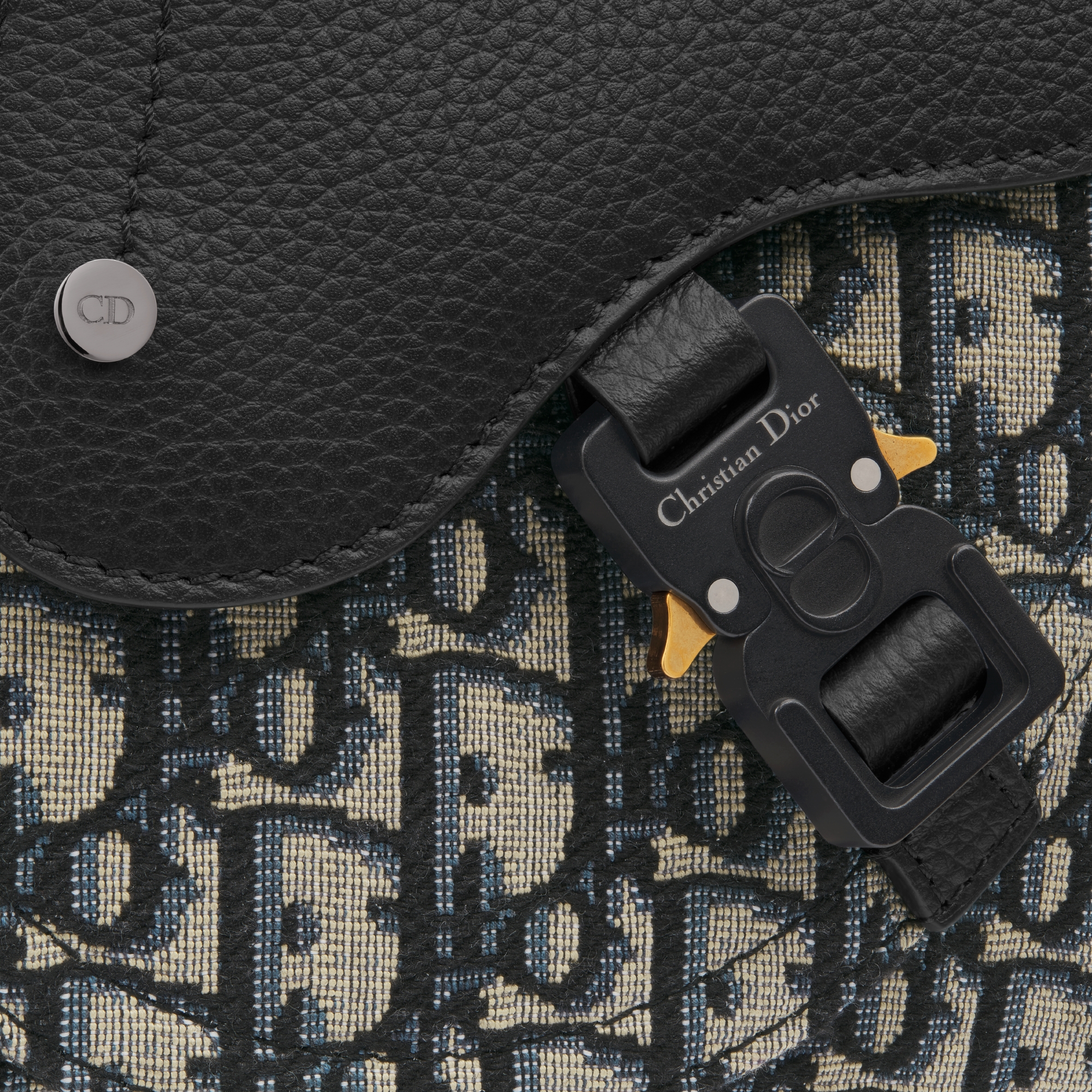 马鞍信使包 米色和黑色 Oblique 印花面料搭配黑色粒面牛皮革 E09