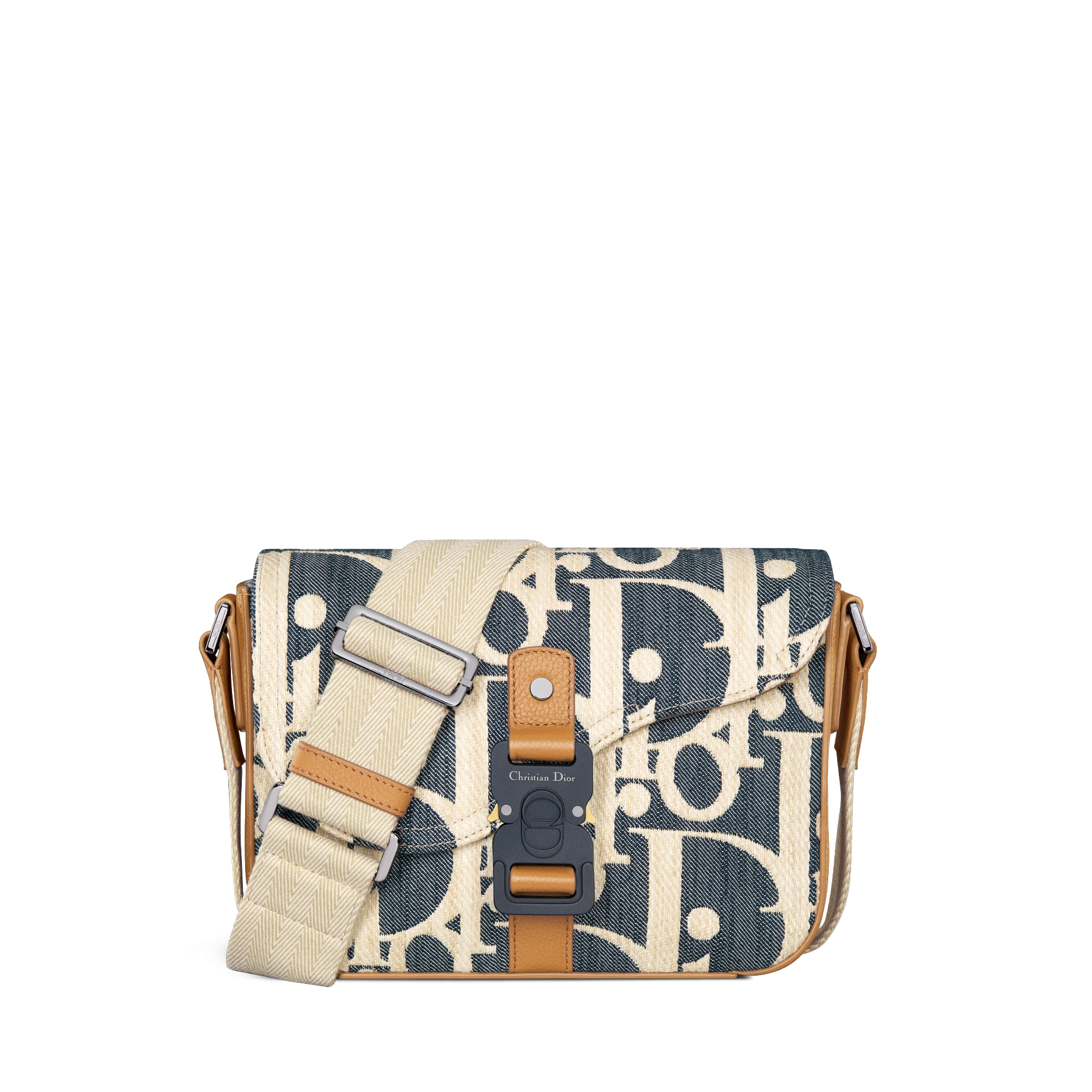 马鞍信使包 蓝色和米色酒椰草效果 Oblique 印花牛仔面料搭配棕色粒面牛皮革 E01