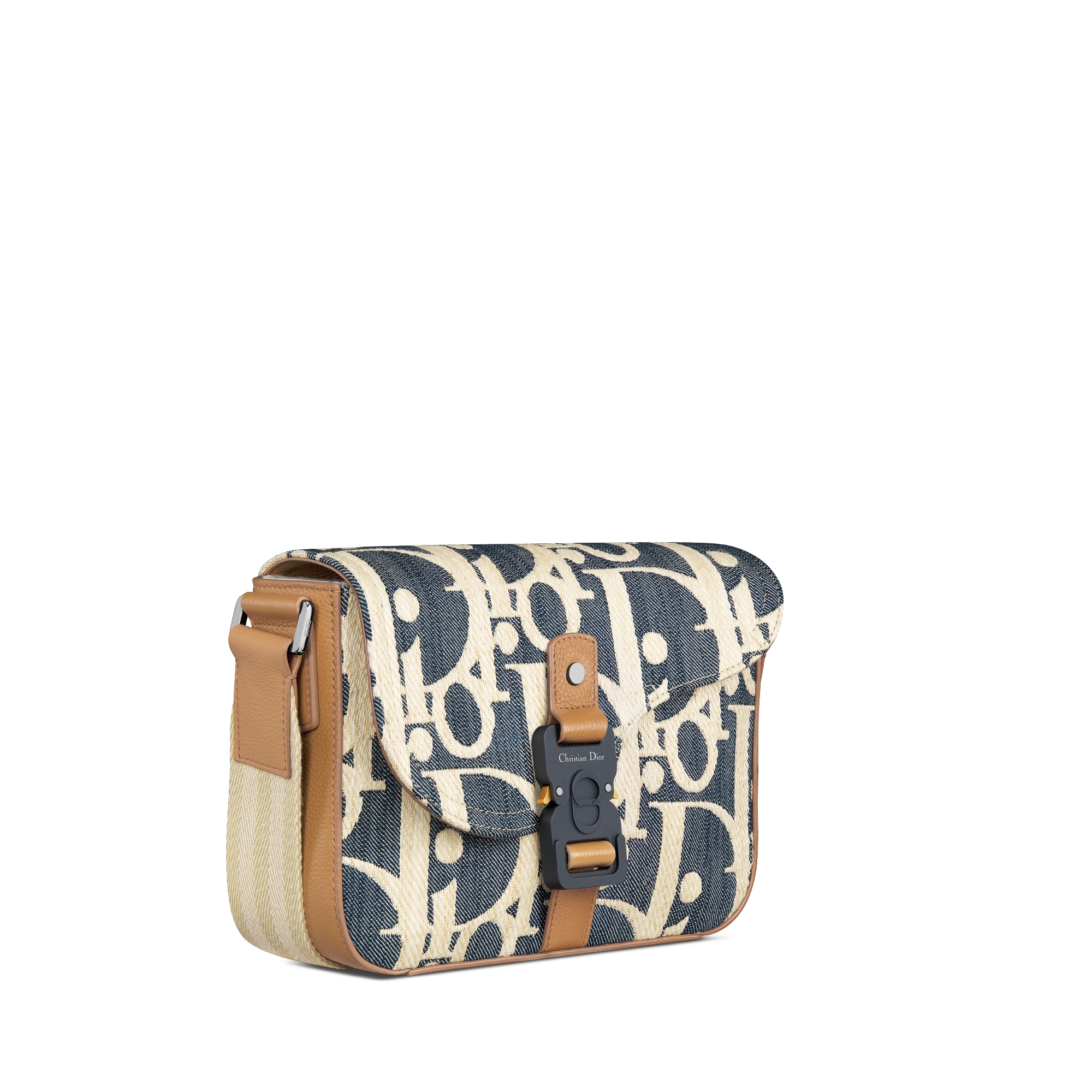 马鞍信使包 蓝色和米色酒椰草效果 Oblique 印花牛仔面料搭配棕色粒面牛皮革 E03