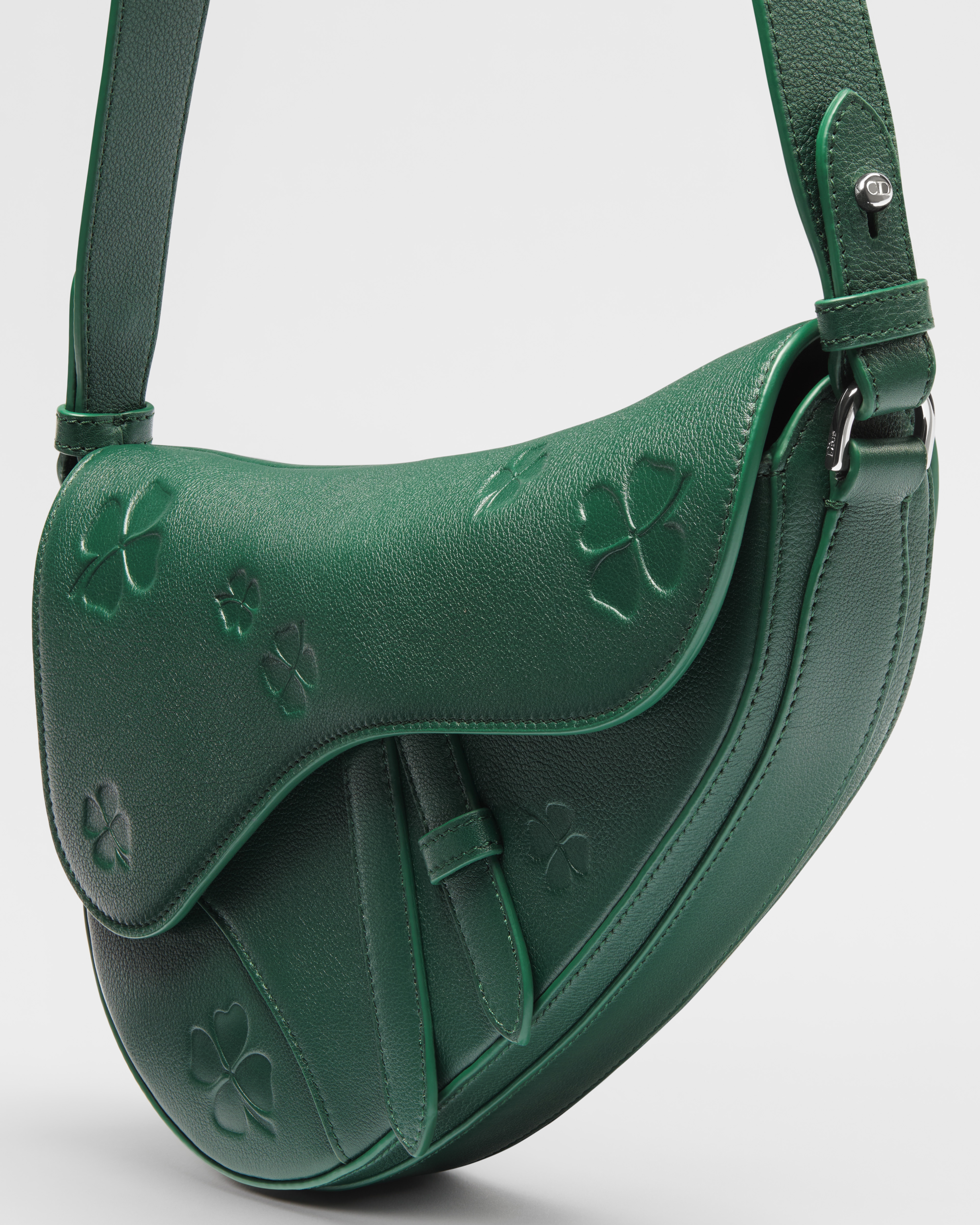 马鞍包 深绿色光滑牛皮革 Dior Clover 压花图案 E05
