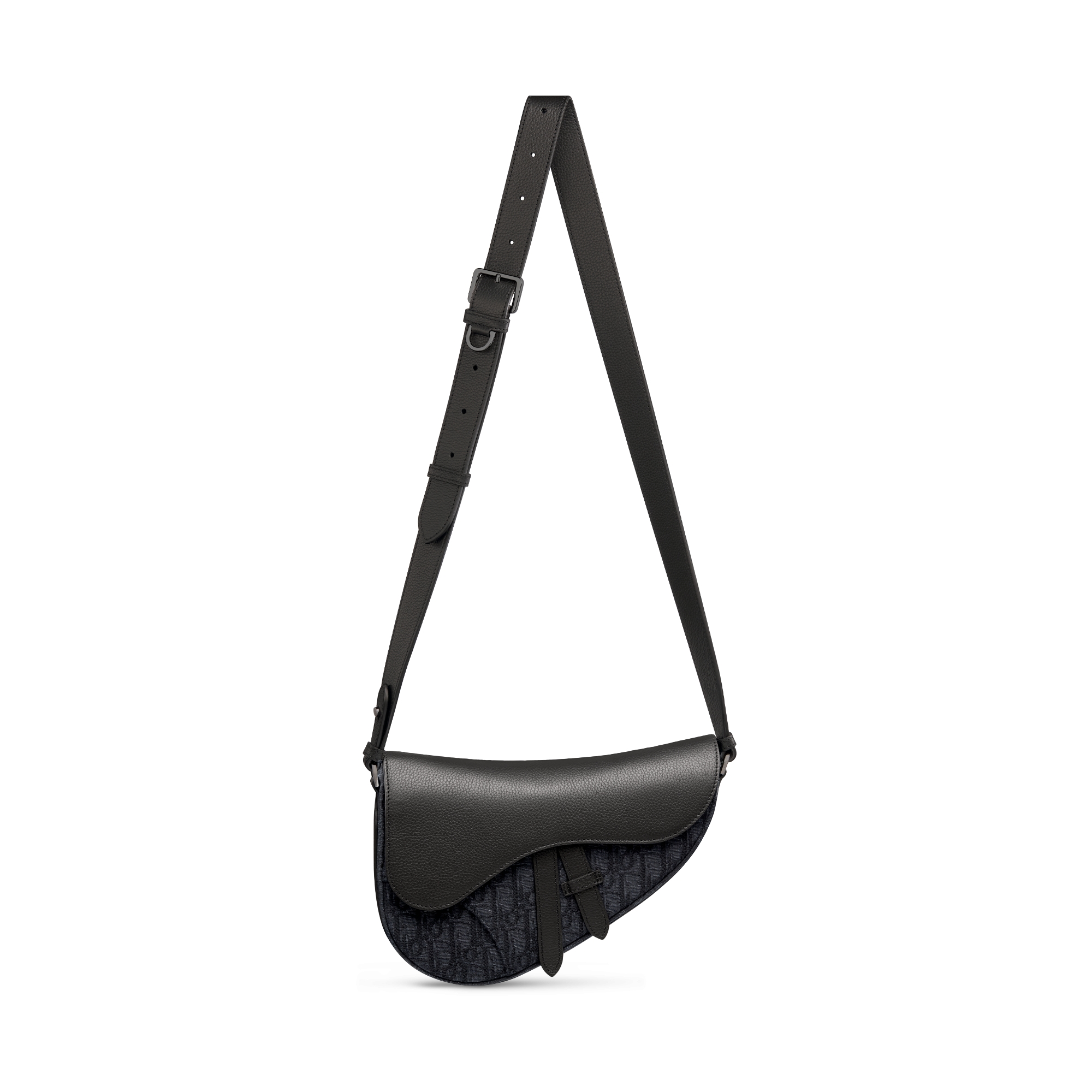 马鞍包 黑色 Oblique 印花面料和黑色粒面牛皮革 E07