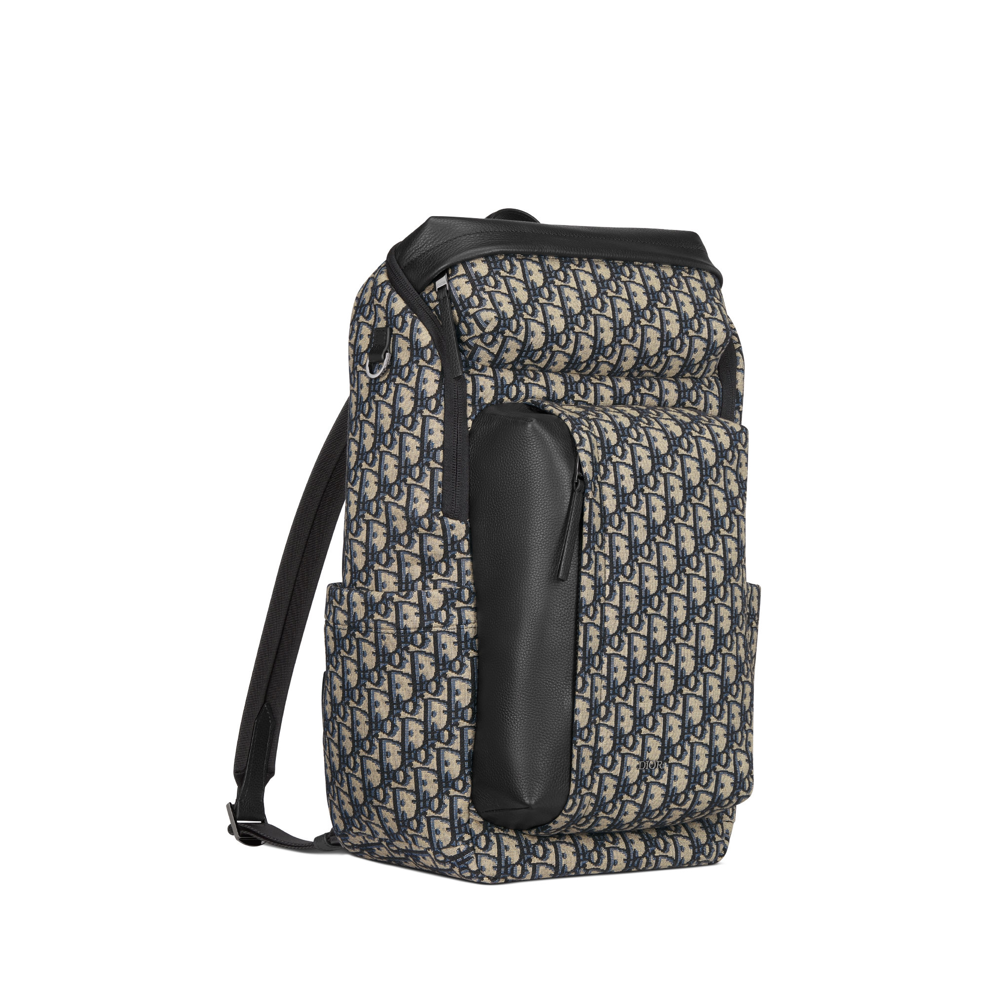 Rider Soft 拉链双肩背包 米色和黑色 Oblique 印花面料搭配黑色粒面牛皮革 E03