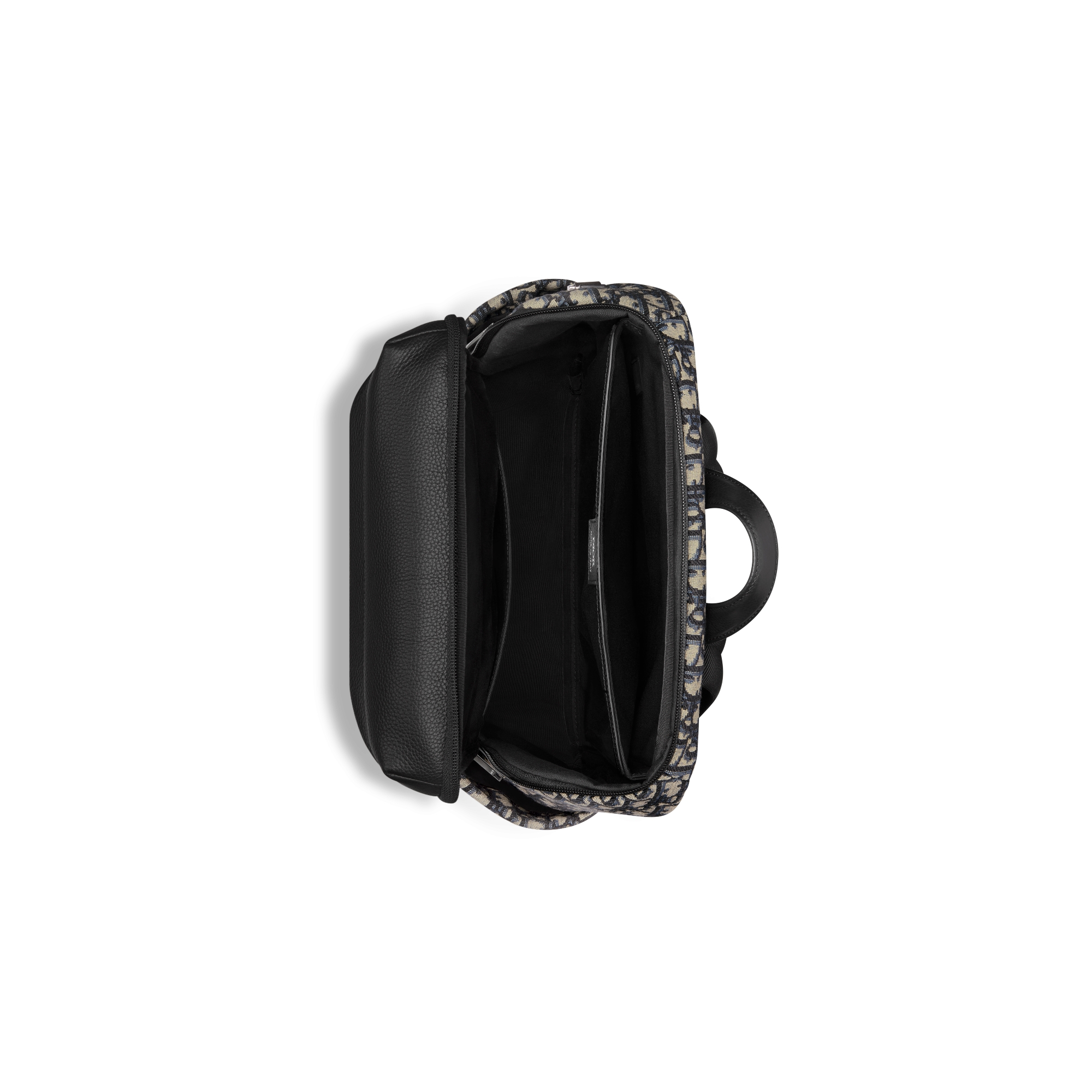 Rider Soft 拉链双肩背包 米色和黑色 Oblique 印花面料搭配黑色粒面牛皮革 E06