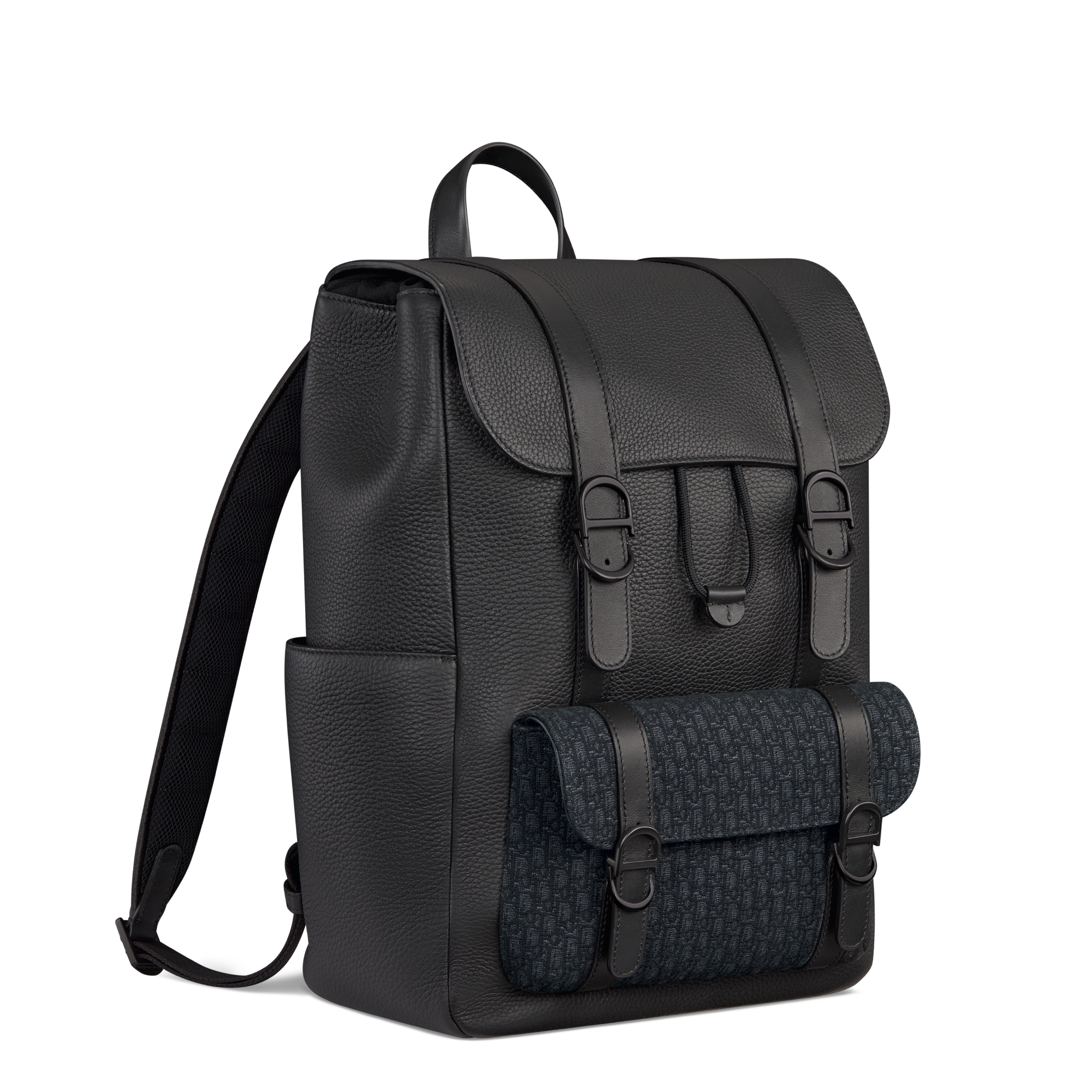 Dior Daily 翻盖双肩背包 黑色粒面牛皮革、黑色柔软粒面牛皮革和黑色超迷你 Oblique 印花面料 E03