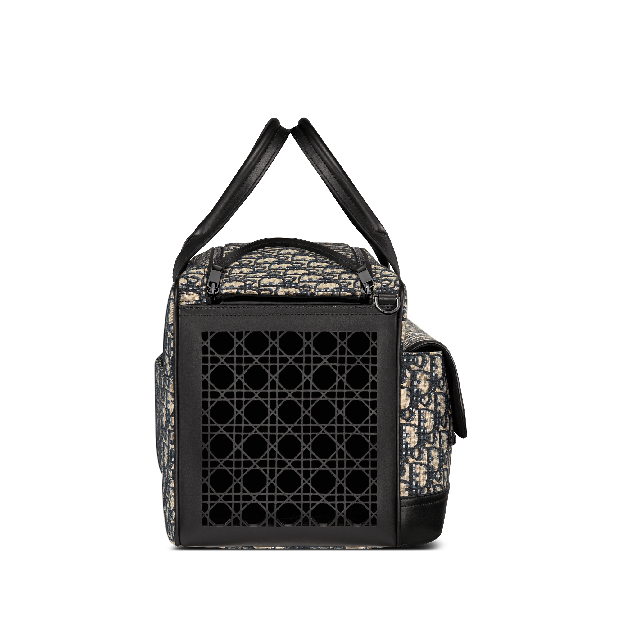 Dior Hit the Road 宠物包 米色和黑色 Oblique 印花面料和黑色光滑牛皮革 E02