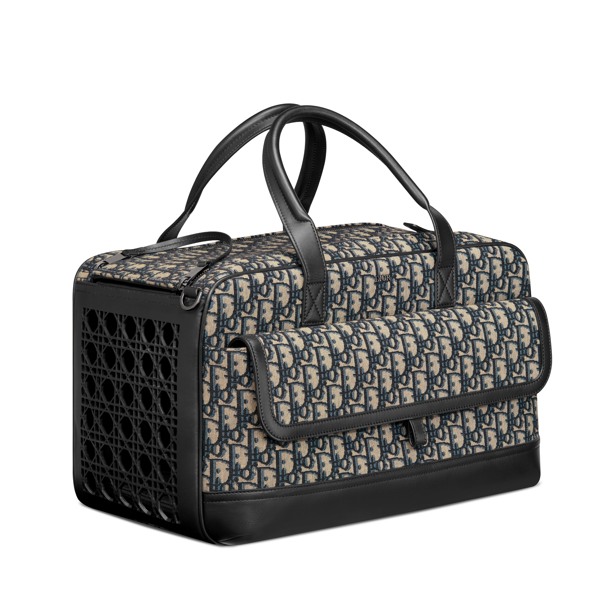 Dior Hit the Road 宠物包 米色和黑色 Oblique 印花面料和黑色光滑牛皮革 E03