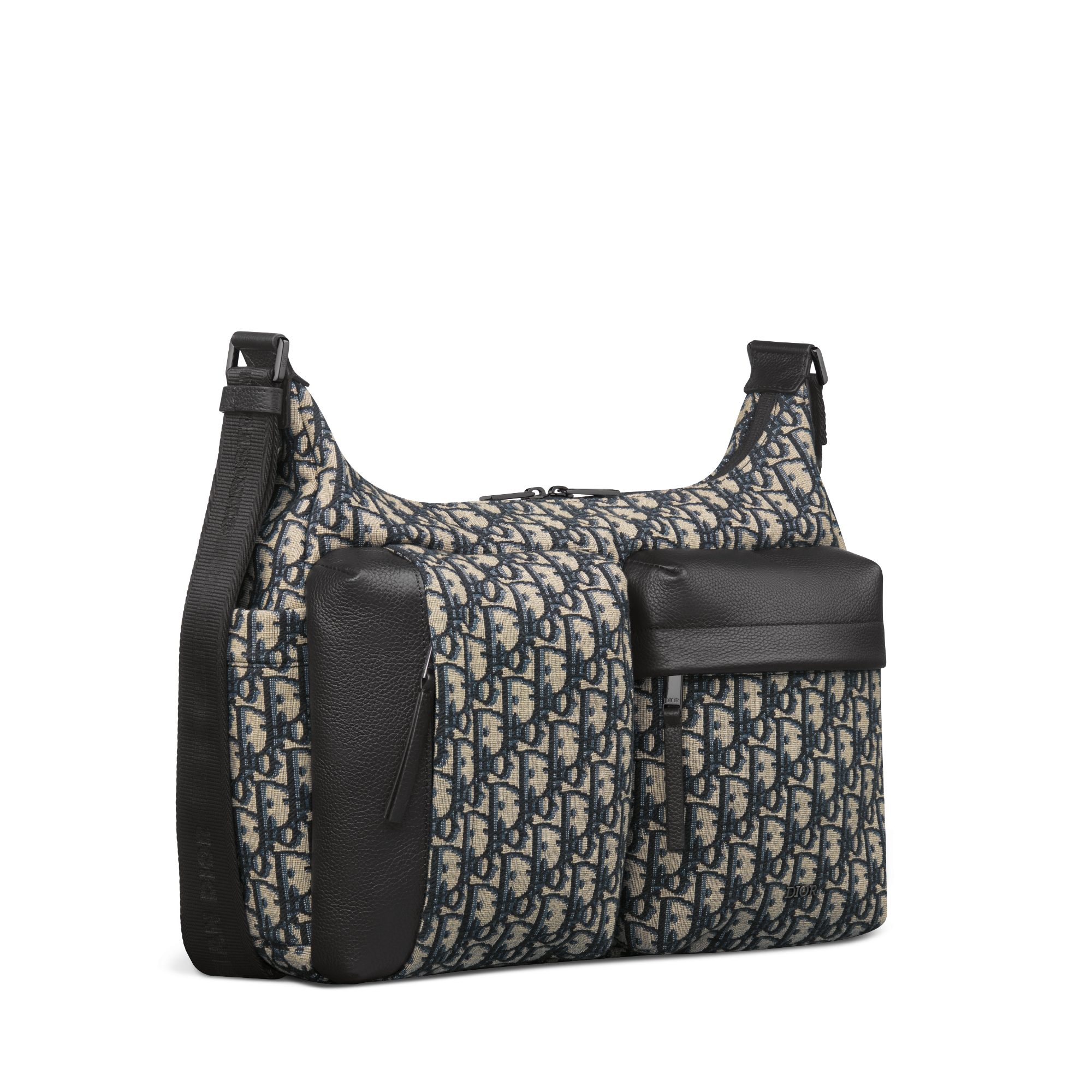 中号 Rider Soft 水饺包 米色和黑色 Oblique 印花面料搭配黑色粒面牛皮革 E03