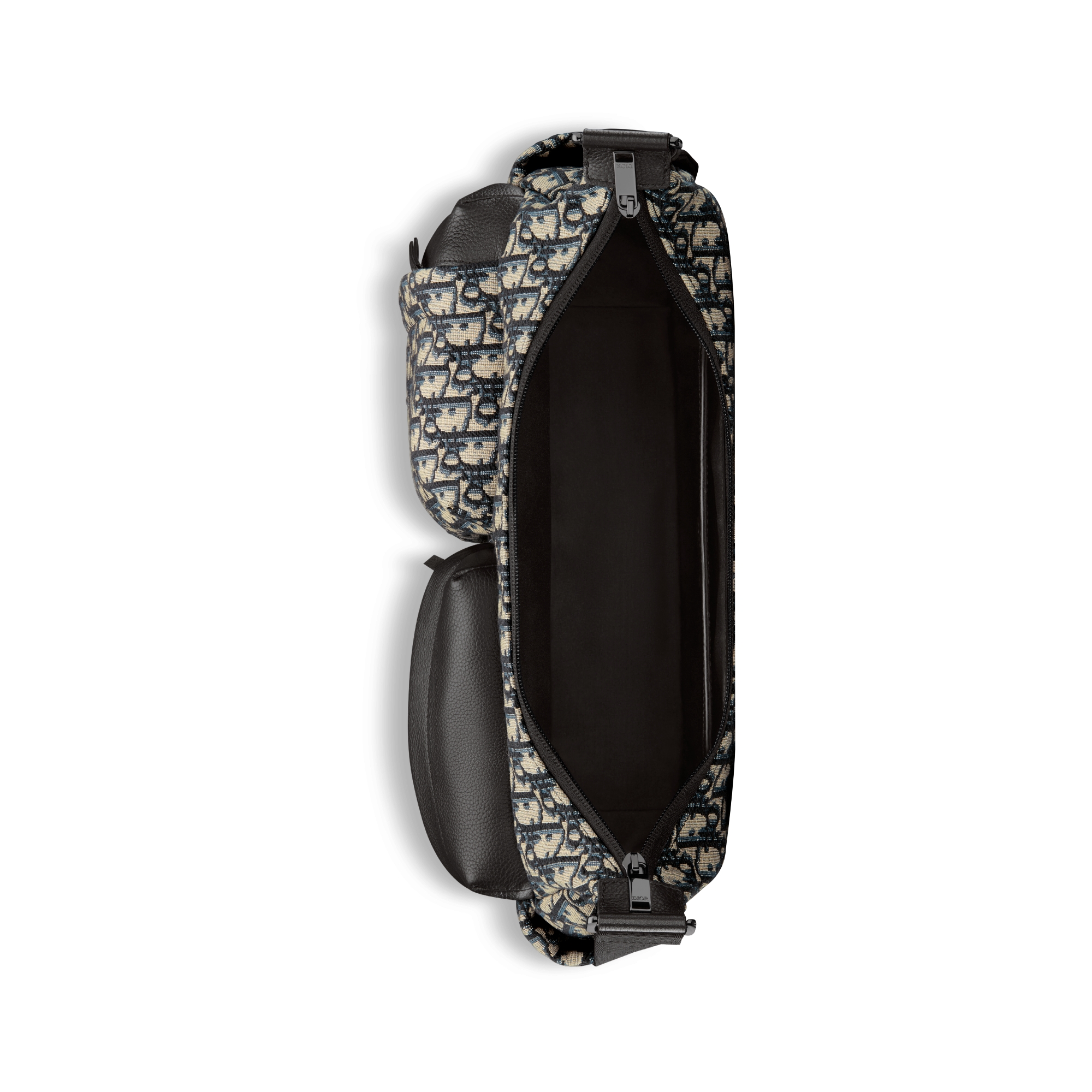 中号 Rider Soft 水饺包 米色和黑色 Oblique 印花面料搭配黑色粒面牛皮革 E06