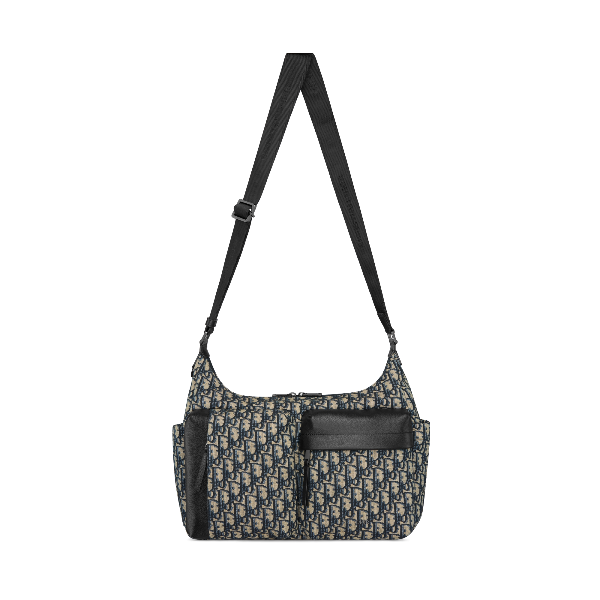 中号 Rider Soft 水饺包 米色和黑色 Oblique 印花面料搭配黑色粒面牛皮革 E07