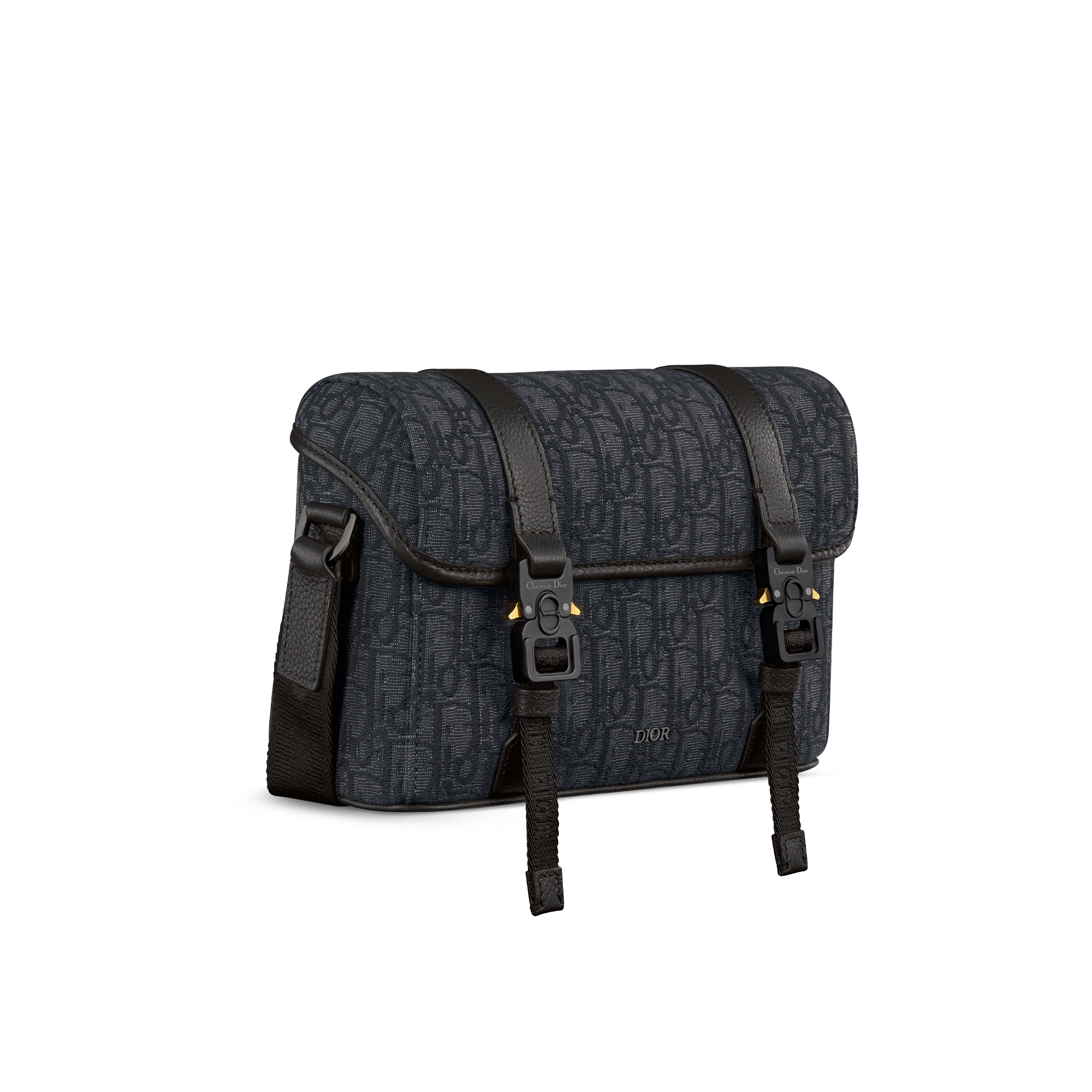Dior Hit The Road 翻盖信使包 黑色 Oblique 印花面料和黑色粒面牛皮革 E03
