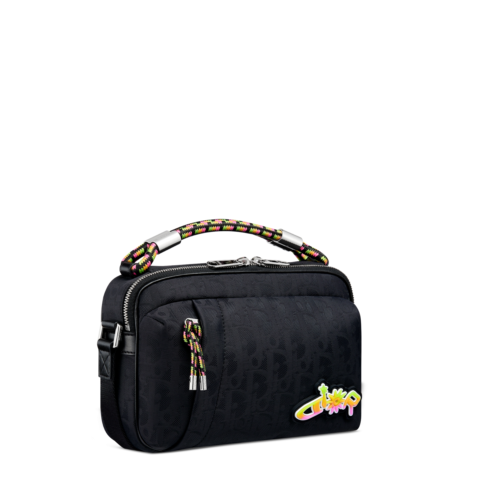 DIOR AND LEWIS HAMILTON 拉链信使包 黑色 Oblique 印花尼龙和黑色皮革效果科技面料 E03