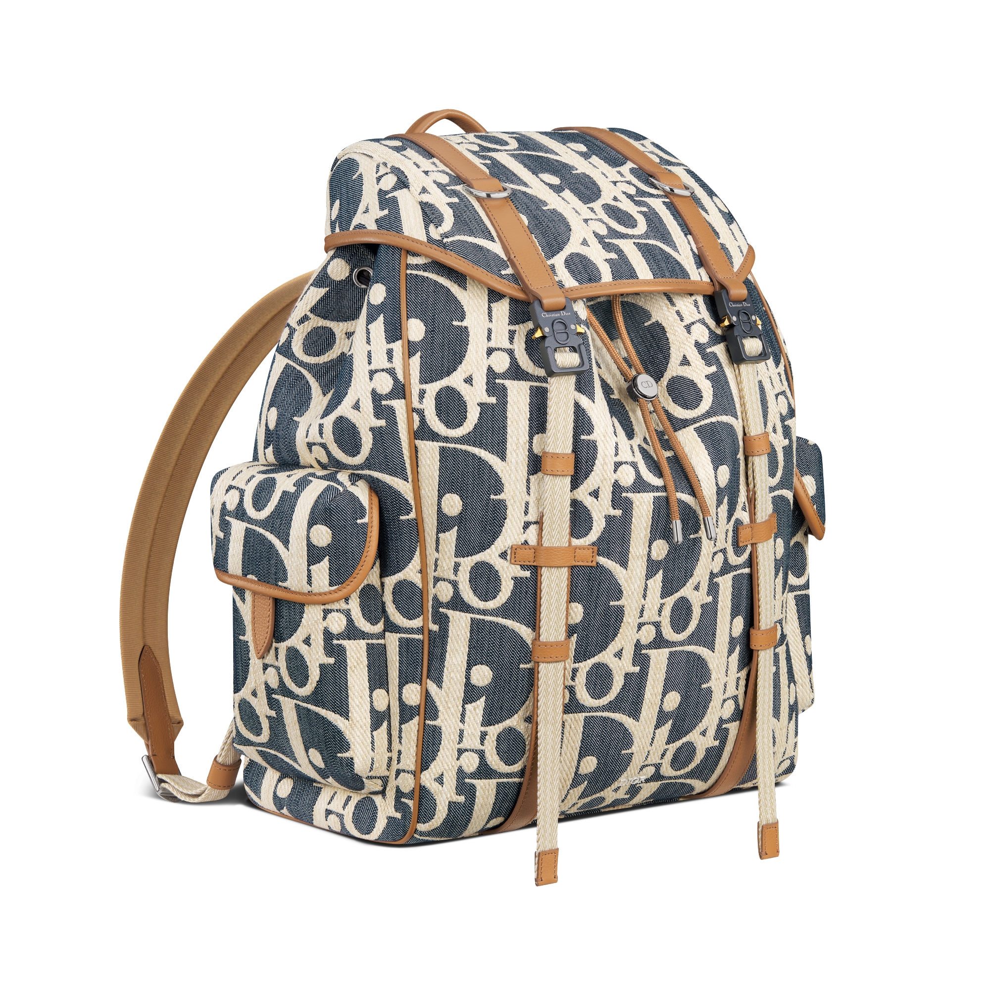 Dior Hit The Road 翻盖双肩背包 蓝色和米色酒椰草效果 Oblique 印花牛仔面料搭配棕色粒面牛皮革 E03