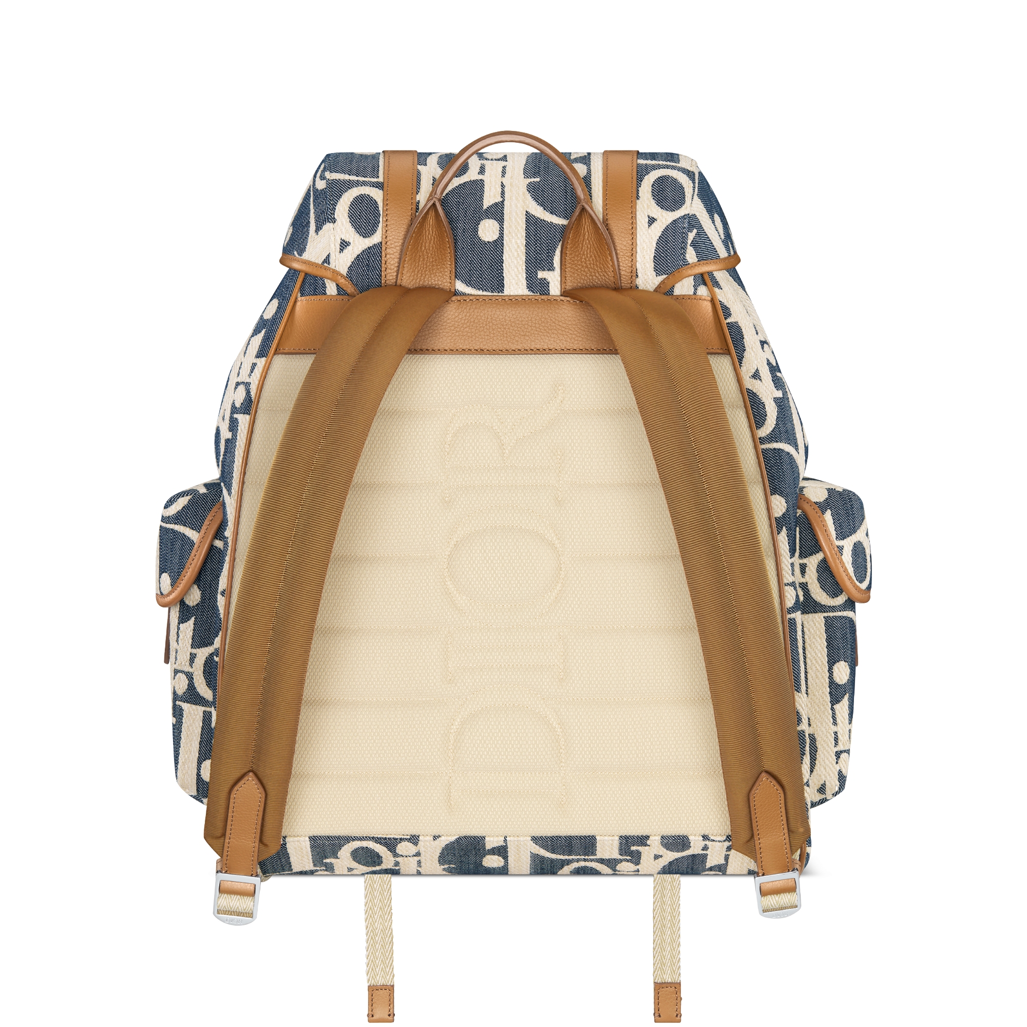 Dior Hit The Road 翻盖双肩背包 蓝色和米色酒椰草效果 Oblique 印花牛仔面料搭配棕色粒面牛皮革 E08