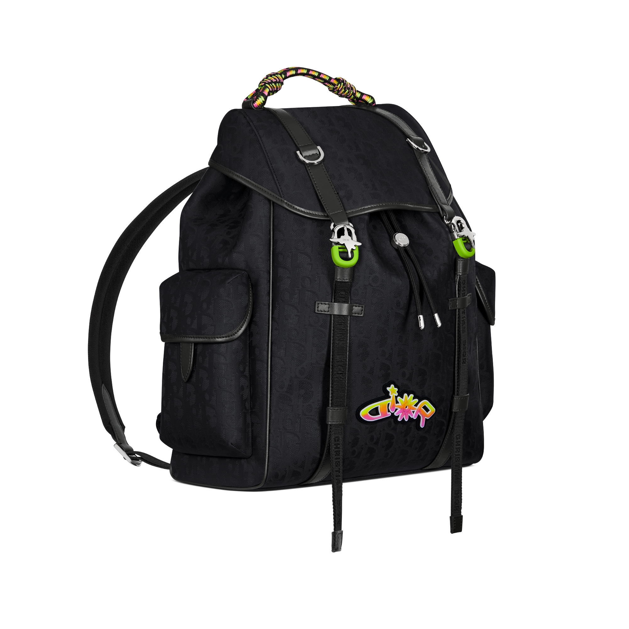 DIOR AND LEWIS HAMILTON Dior Hit The Road 翻盖双肩背包 黑色 Oblique 印花尼龙和黑色皮革效果科技面料 E03